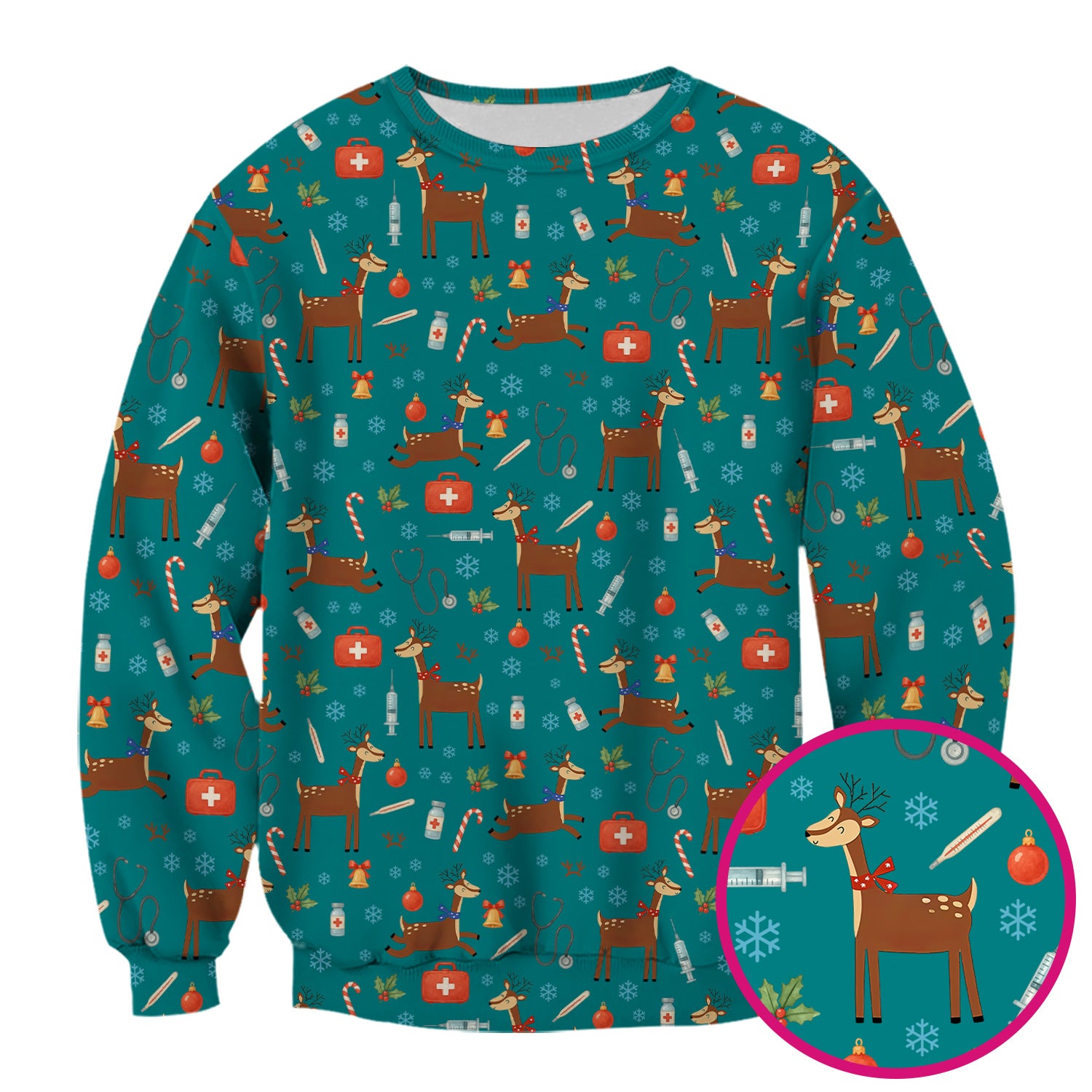 Reindeer Christmas Scrub Top - Snowflakes Candy Canes Holiday Medical Shirt - Xmas Scrubs for Women RN CNA LPN