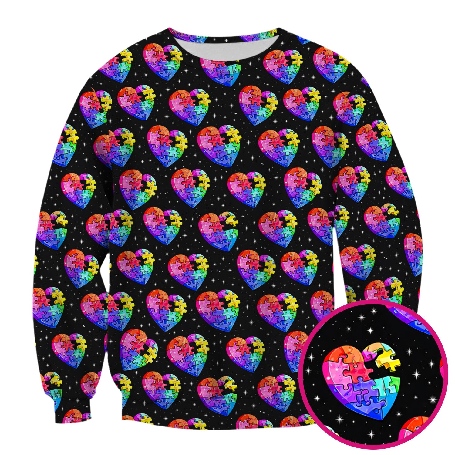 Rainbow Autism Puzzle Heart Pattern Scrub Top, Starry Sky Medical Uniform for Nurses