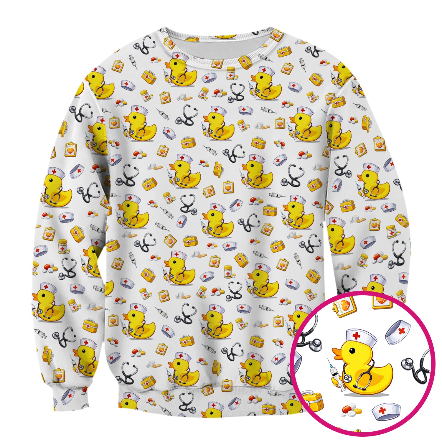 Playful Medical Duck Print Nurse Scrub Top, Comfortable Scrubs for Nurses
