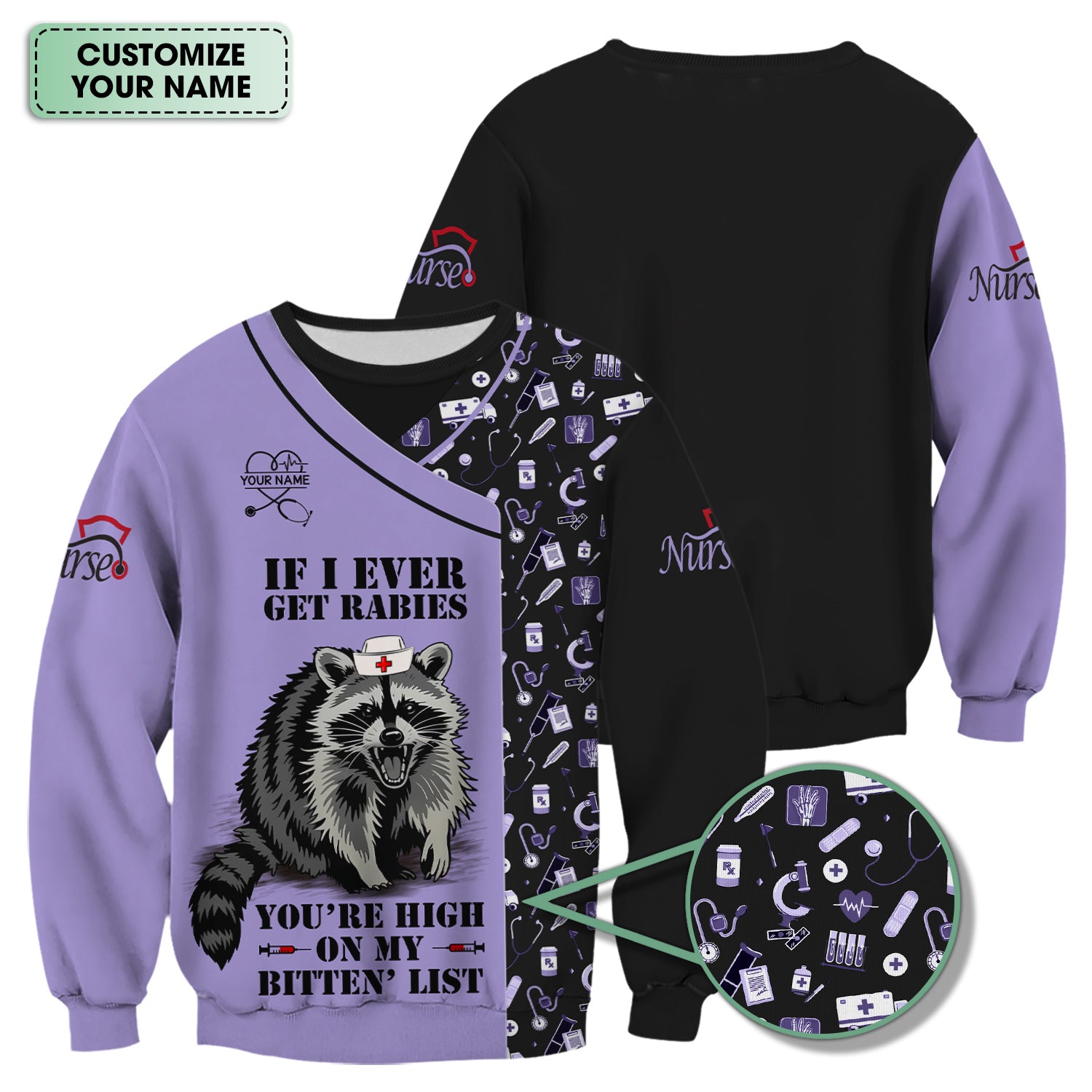 Personalized Funny Nurse Scrub for Women - Raccoon Nurse Graphic Design - Medical Gift for RN LPN CNA Healthcare Staff