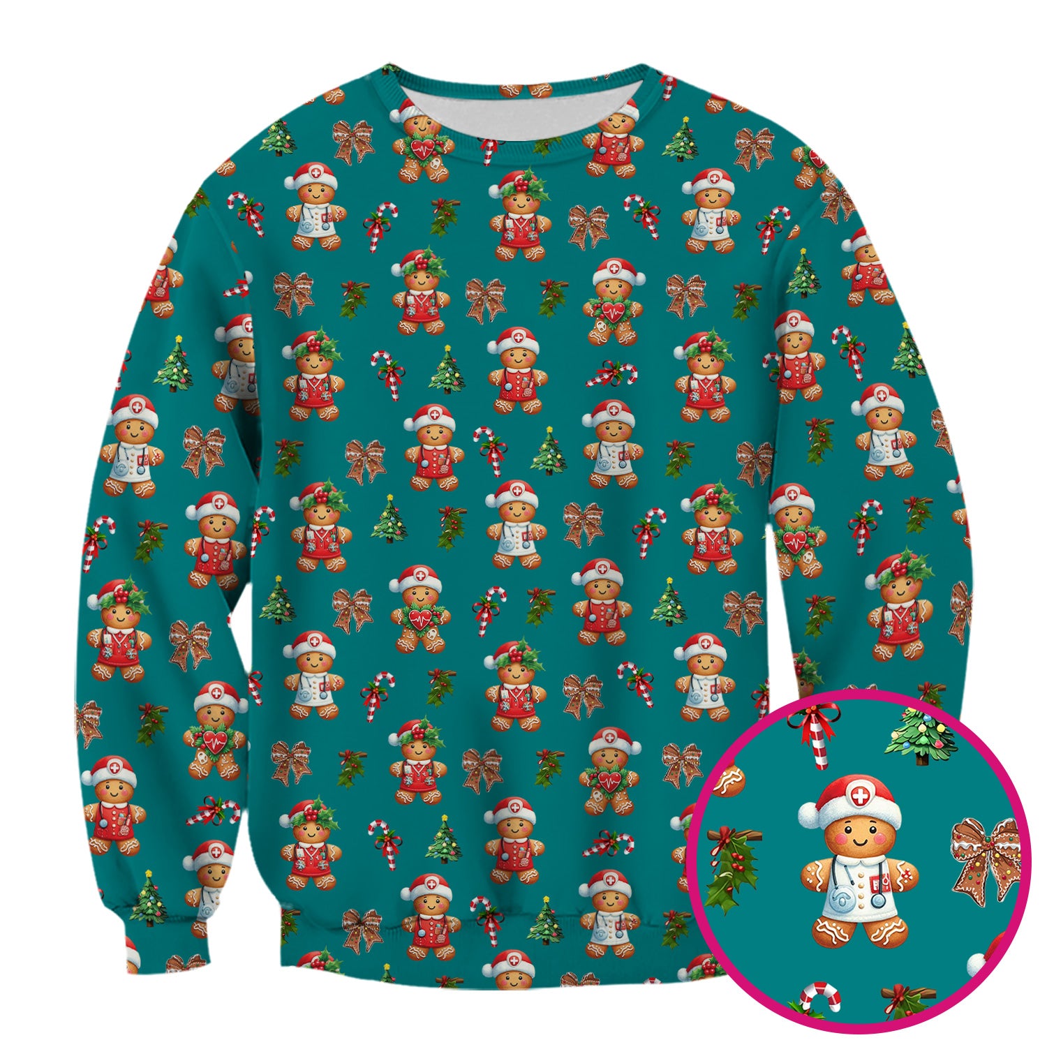 Funny Christmas Scrub Top for Nurse - Adorable Gingerbread Candy Cane Bow- Festive Medical Uniform for Women
