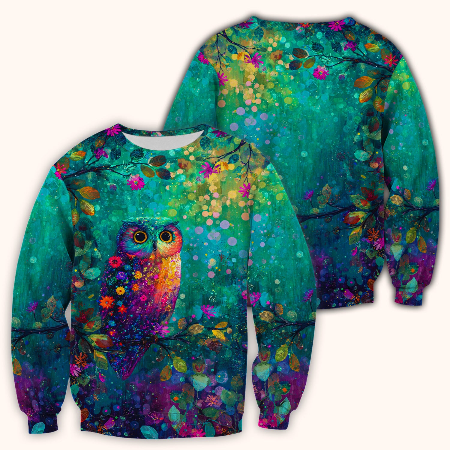 Colorful Owl Forest Pattern Scrub Top, Comfortable Scrubs for Nurses