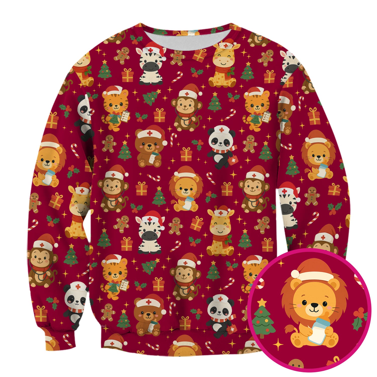Funny Christmas Nurse Scrub Top - Adorable Safari Animal Pattern - Cute Festive Gift for Women RN LPN CNA