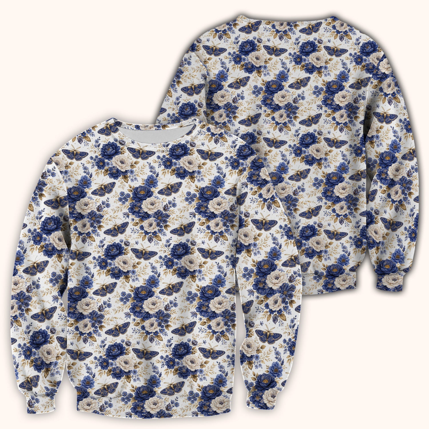 Cute Blue Floral Moth Pattern Scrub Top, Comfortable Scrubs for Nurses