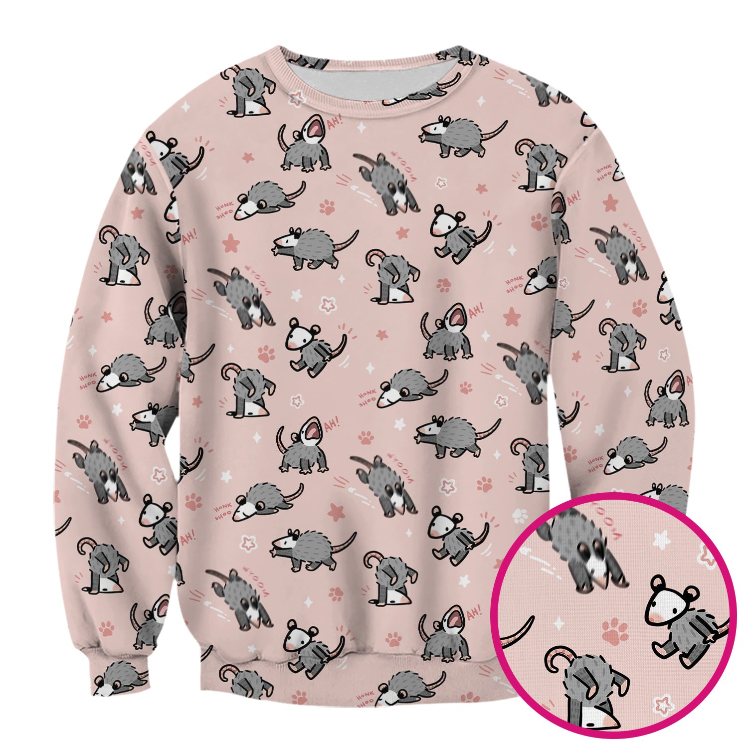 Playful Cartoon Opossum Character Pattern Scrub Top, Breathable Fabrics Nursing Uniform