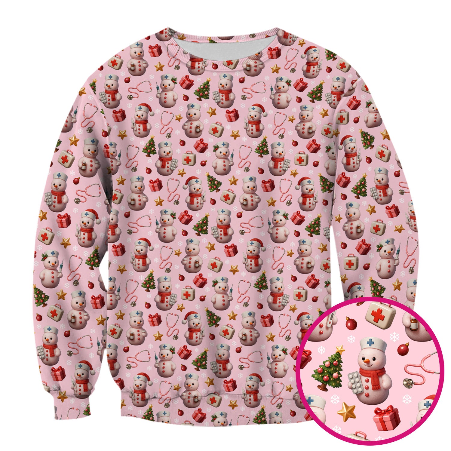 Cute Snowman Christmas Scrub Top - Holiday Pattern Medical Shirt for Women - Funny Xmas Nurse Gift for RN LPN CNA