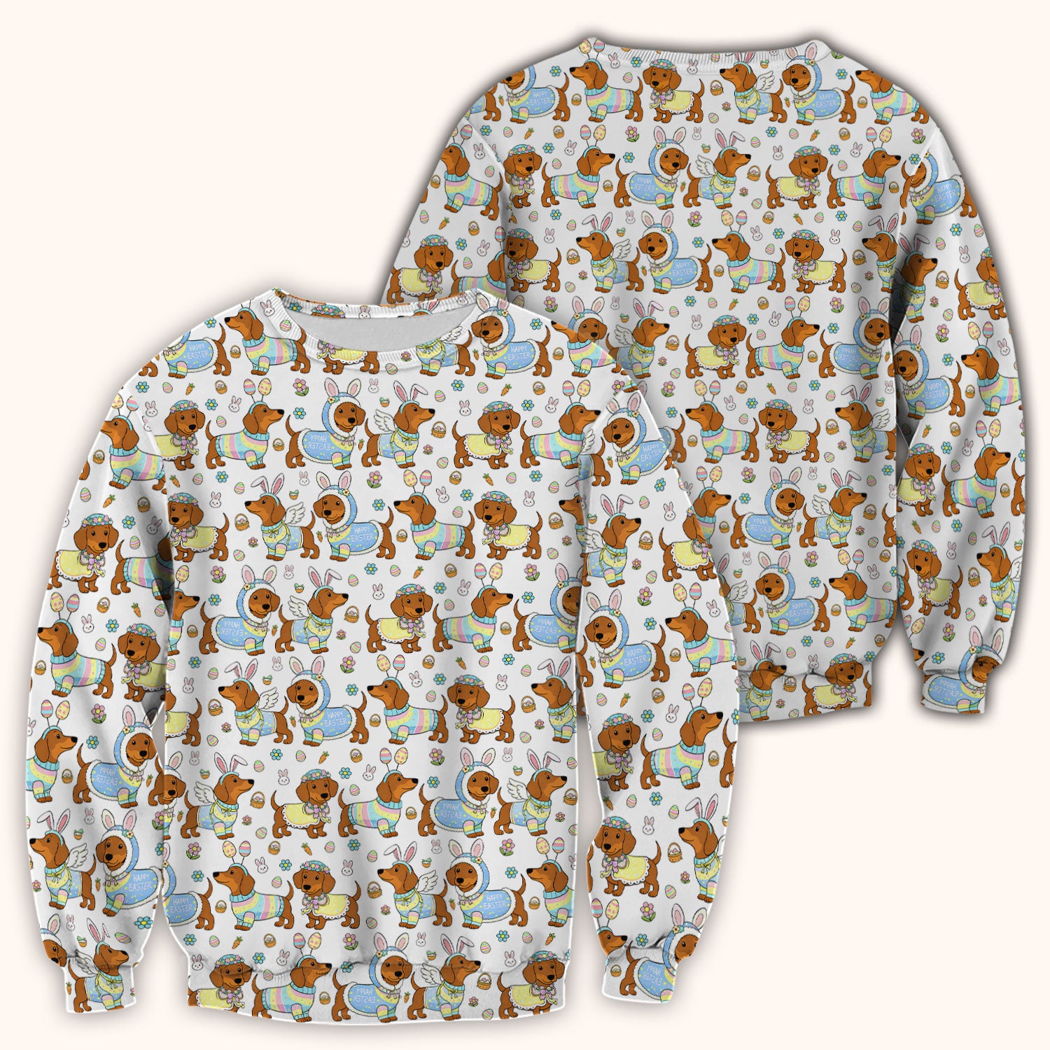 Easter Dachshund Bunny Print Scrub Top, Breathable Fabrics Nursing Uniform