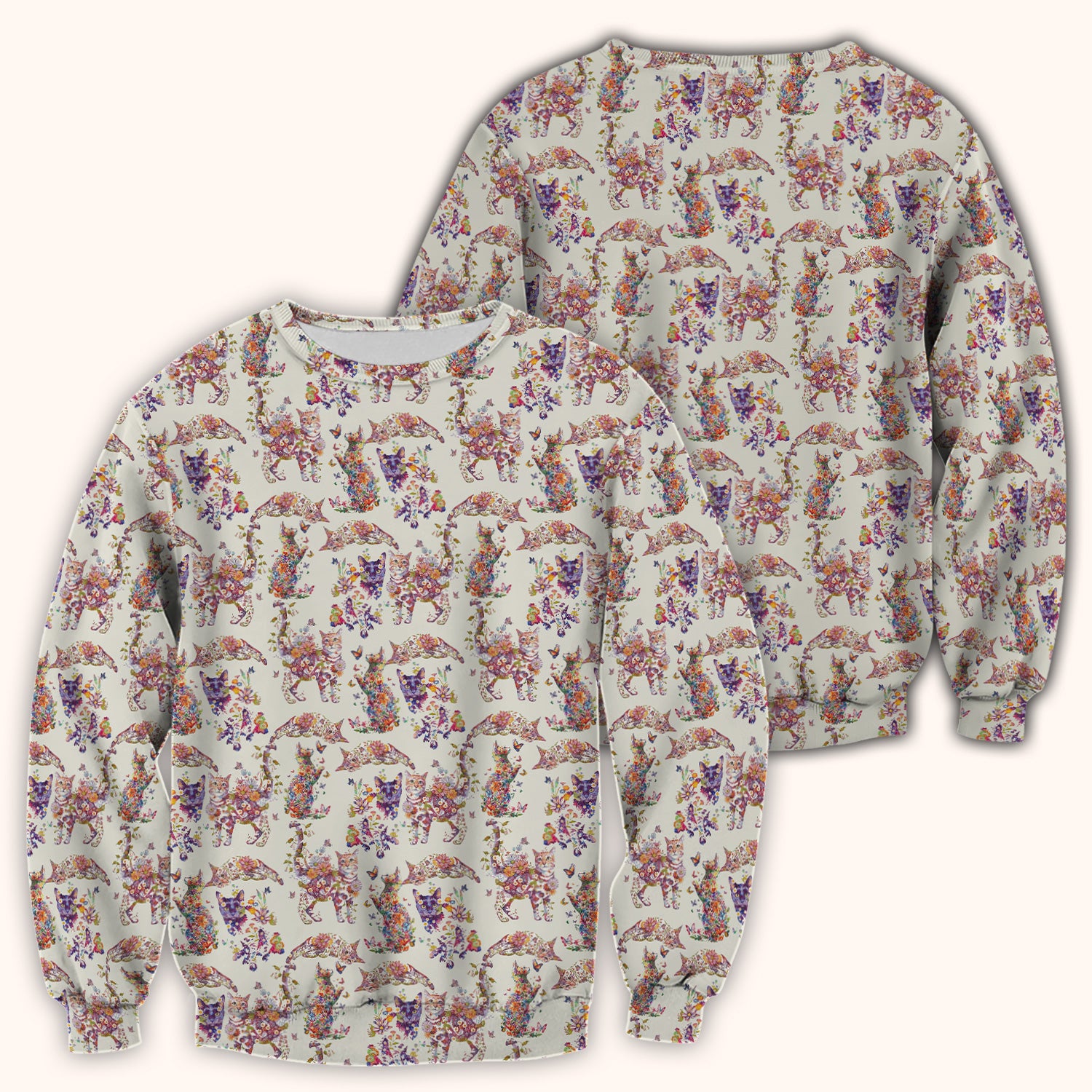 Whimsical Floral Cat Garden Pattern Scrub Top, Comfortable Scrubs for Nurses