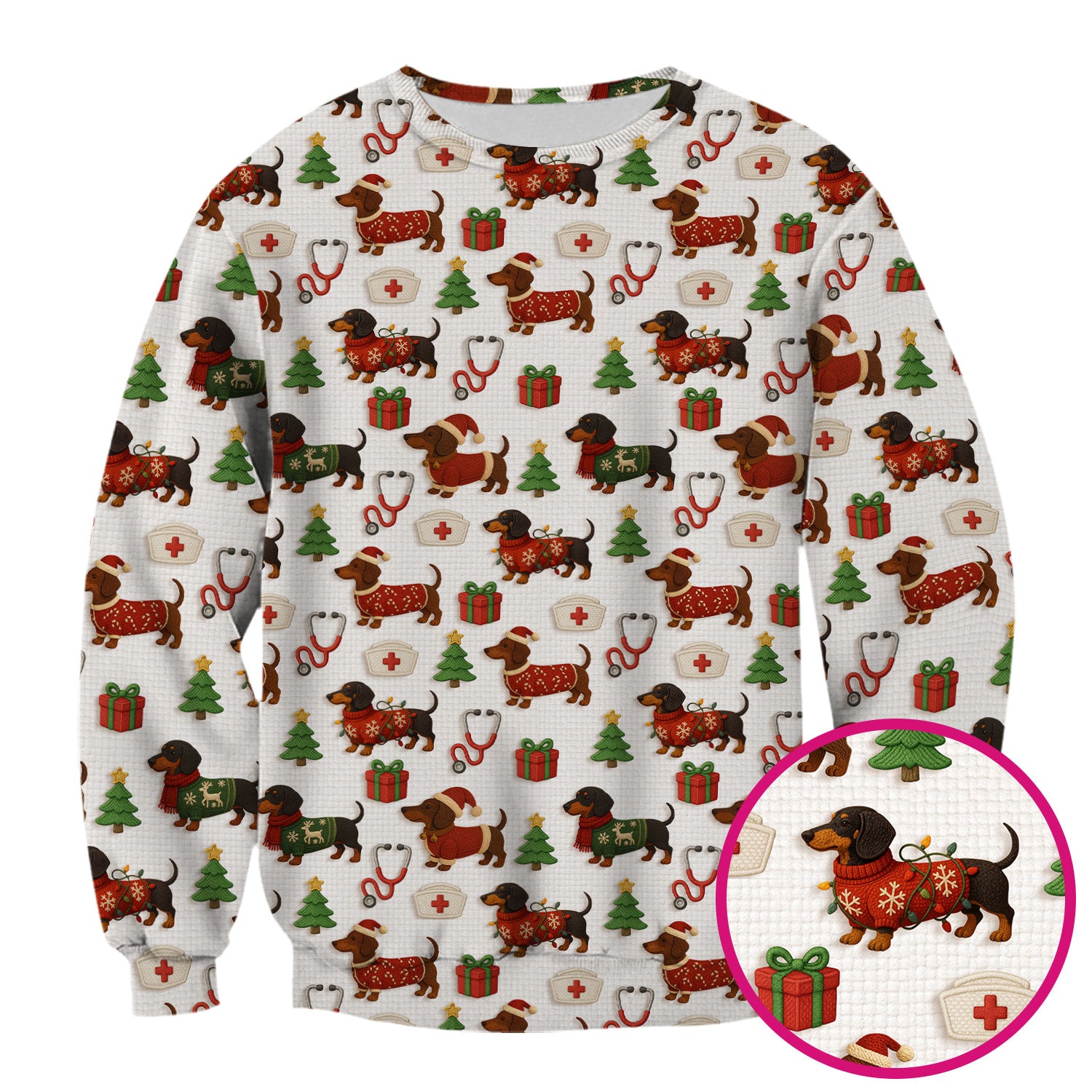 Custom Nurse Scrubs for Women - Dachshund Dog Christmas Print with Gifts & Holiday Tree - Multi Color Nursing Shirt Gift Idea