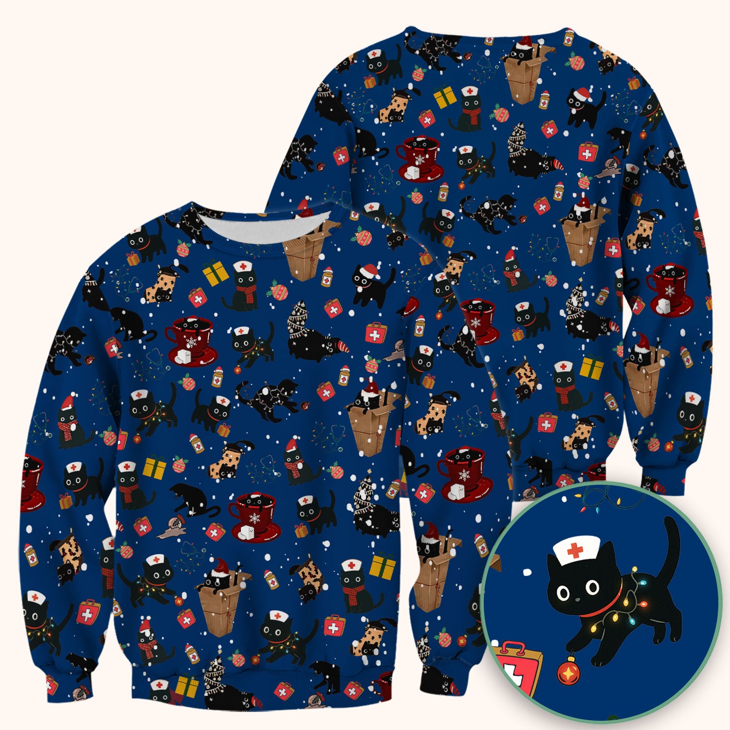 Funny Cat Scrub for Women - Christmas Black Cats Comfortable Scrubs for Nurses - Breathable Fabrics Nursing Uniform