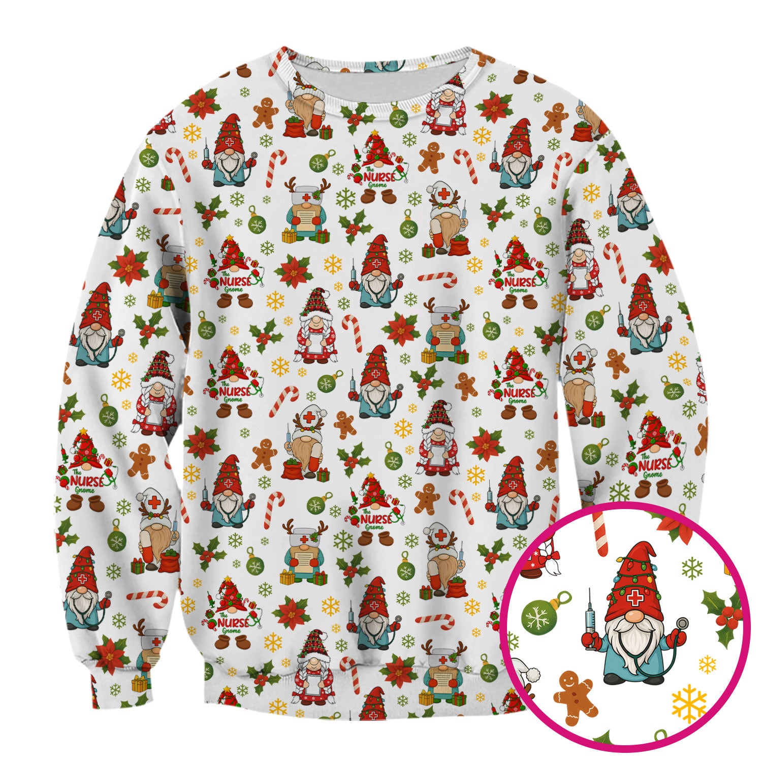 Christmas Gnome Nurse Scrub Top - Cute Holiday Santa Reindeer Print Scrubs - Funny Xmas Medical Scrub Shirt Gift for Women, CNA, RN, Doctor