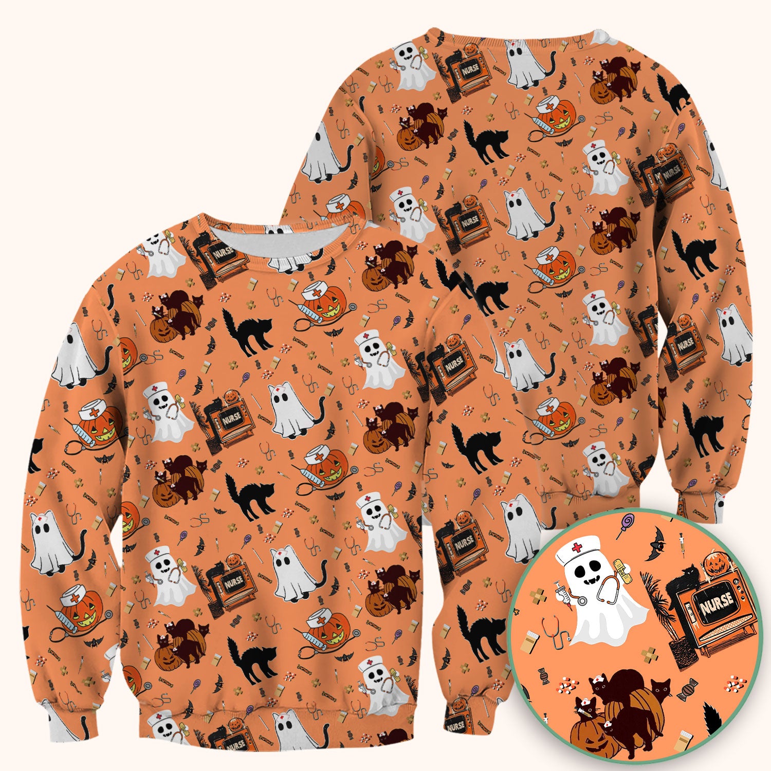 Halloween Scrub Top for Nurse - Cute Pumpkin Ghost Cat Medical Shirt - Spooky Scrubs for Women RN CNA LPN