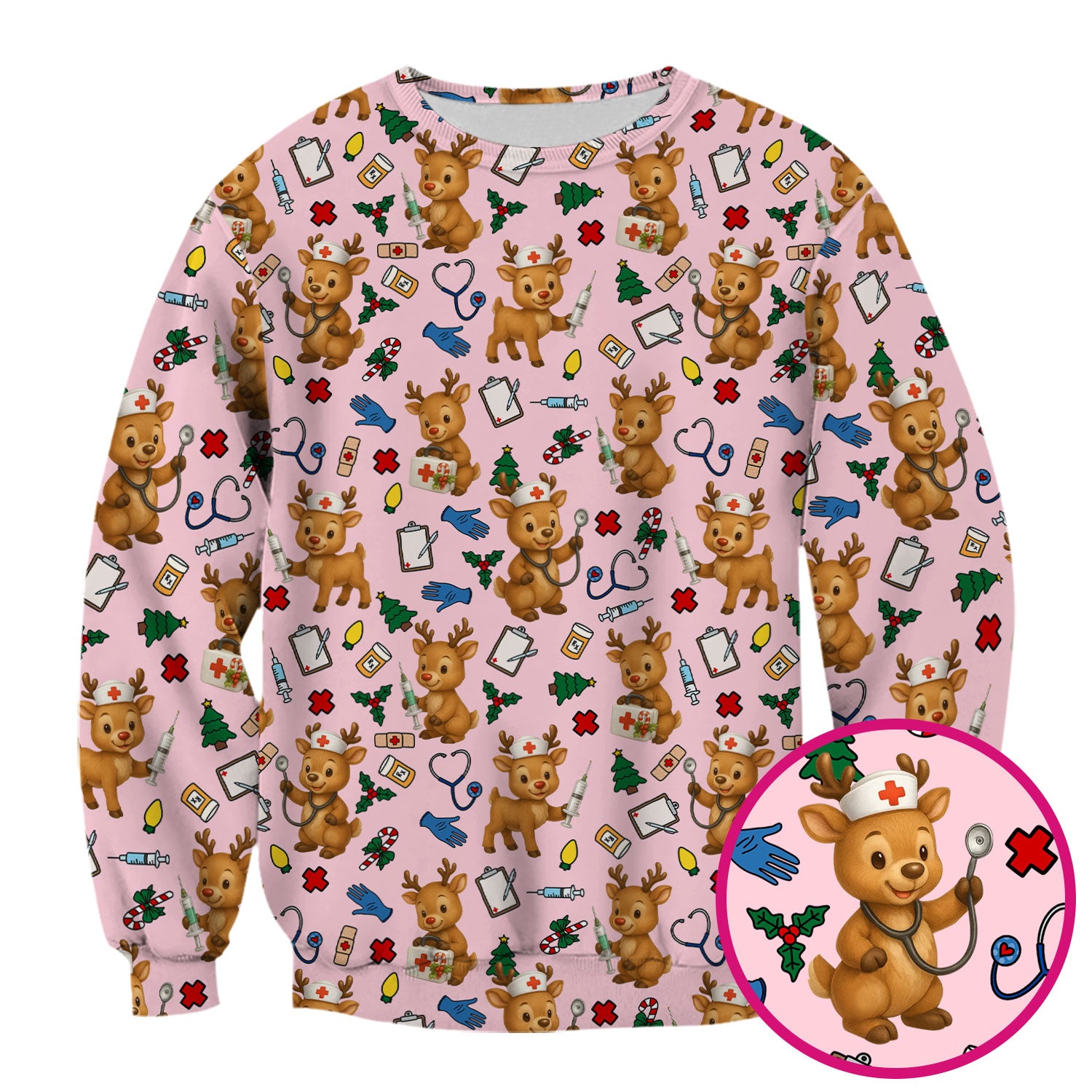 Cute Reindeer Pattern Christmas Scrub Top - Funny Holiday Nurse Scrubs for Women - Medical Christmas Print with Deer and Stethoscope Design