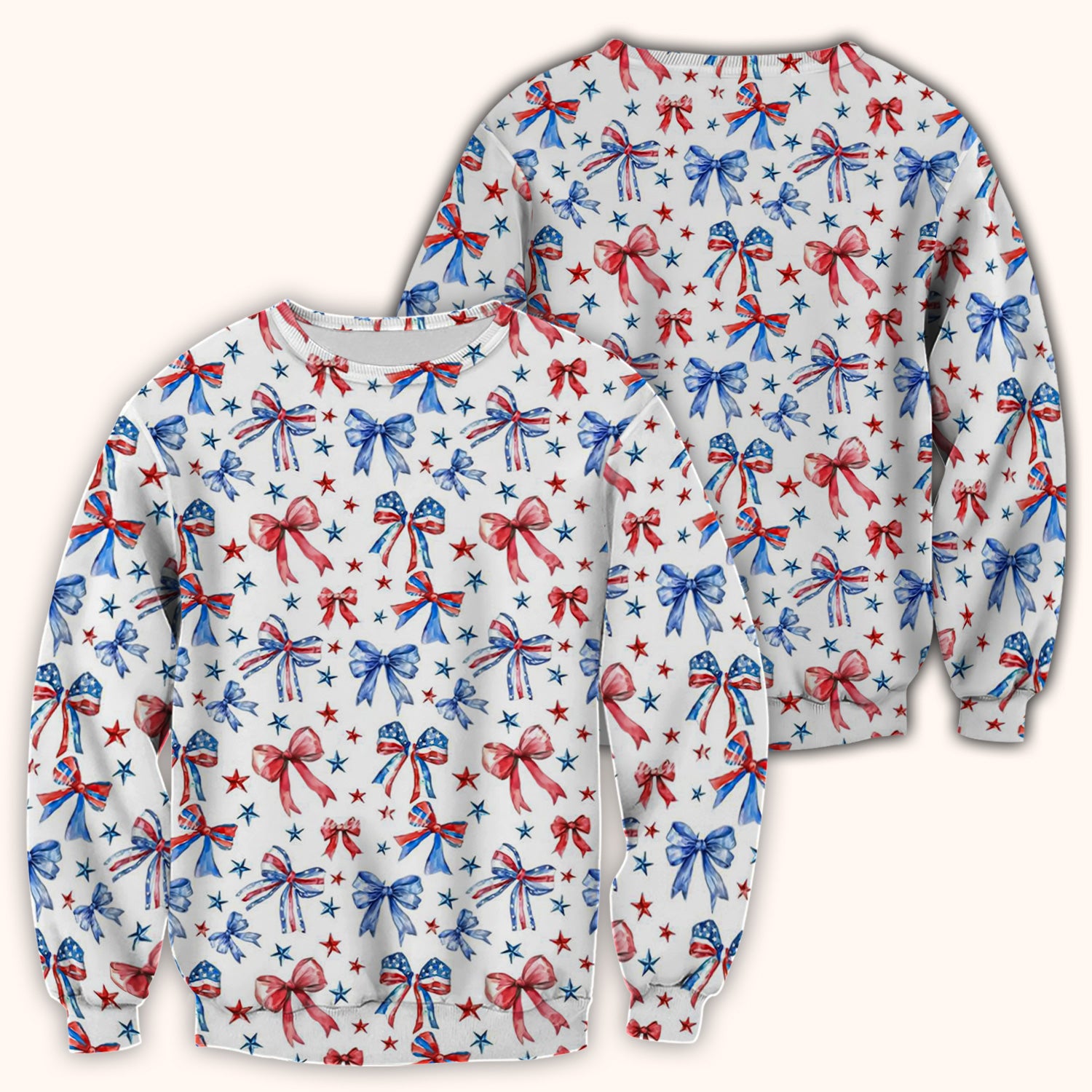 Festive Patriotic Ribbon Bow Star Pattern Scrub Top, Comfortable Scrubs for Nurses