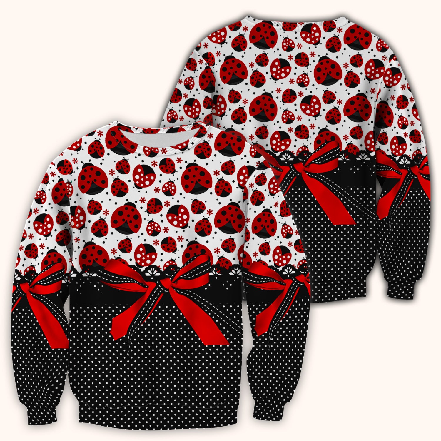 Cute Ladybug Red Ribbon Polka Pattern Scrub Top, Breathable Fabrics Nursing Uniform