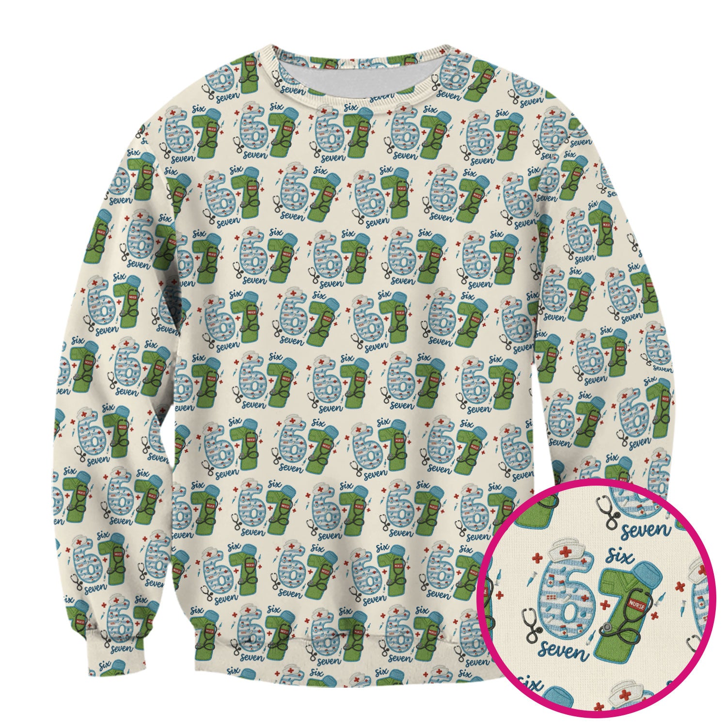 Nurse Six Seven Pattern Scrub Top, Cute Medical Number Print Shirt for Nursing Professionals