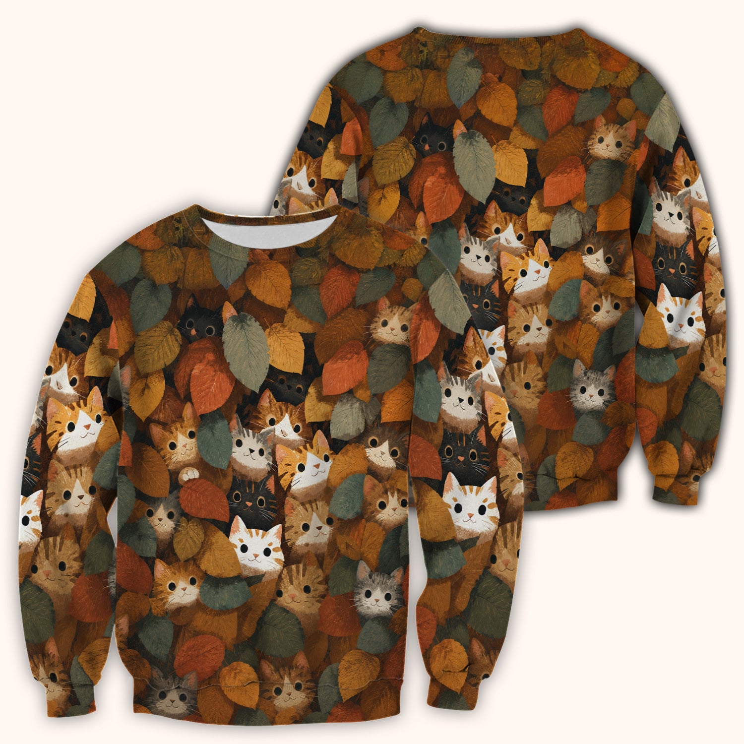 Cute Autumn Cat Leaf Pile Pattern Scrub Top, Comfortable Scrubs for Nurses