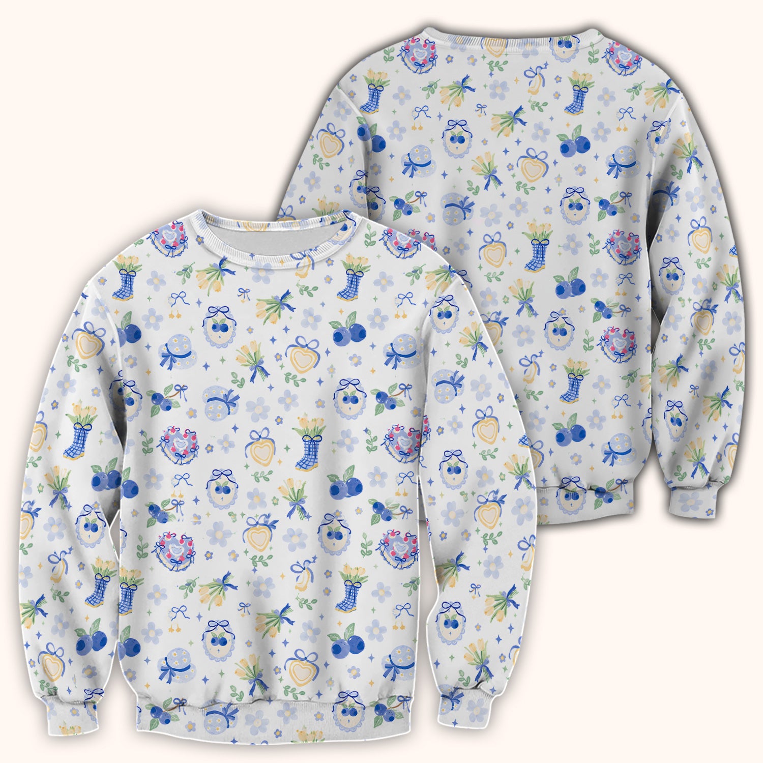 Cute Blueberry Bow Print Scrub Top, Comfortable Scrubs for Nurses