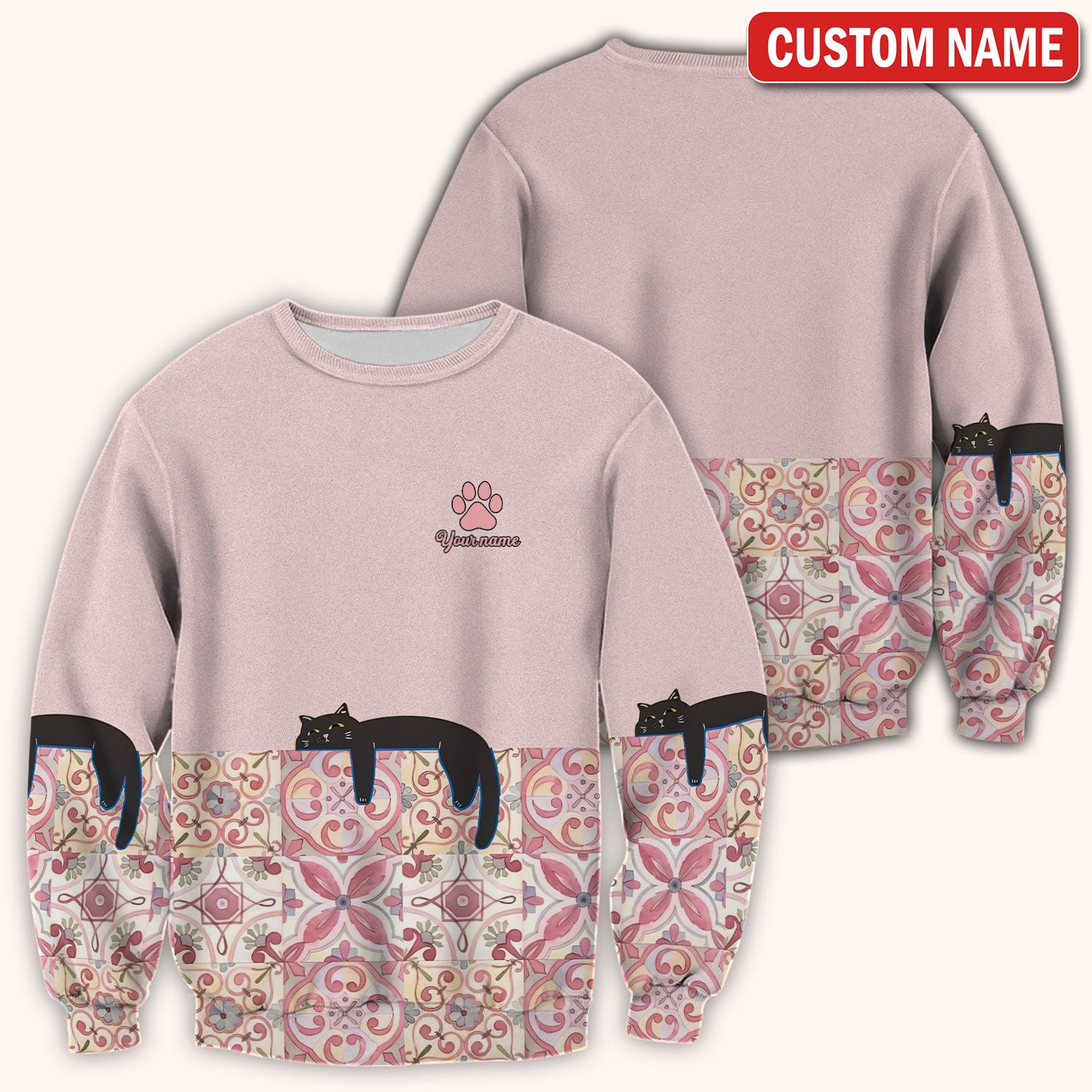 Custom Name Pink Floral Nurse Shirt, Personalized Black Cat Scrub Top For Women, Breathable Fabrics Nursing Uniform