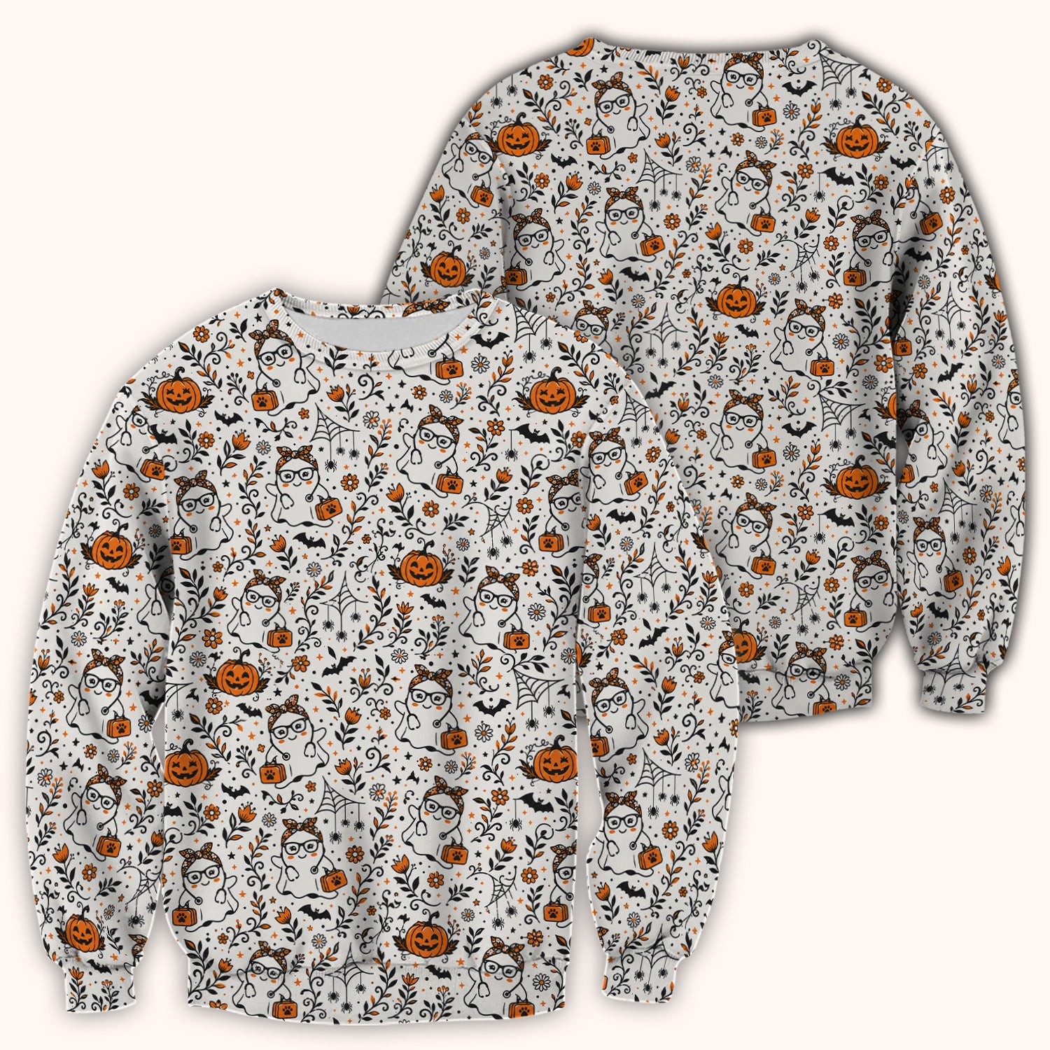 Cute Halloween Nurse Ghost And Pumpkins Scrub Top, Comfortable Scrubs for Nurses
