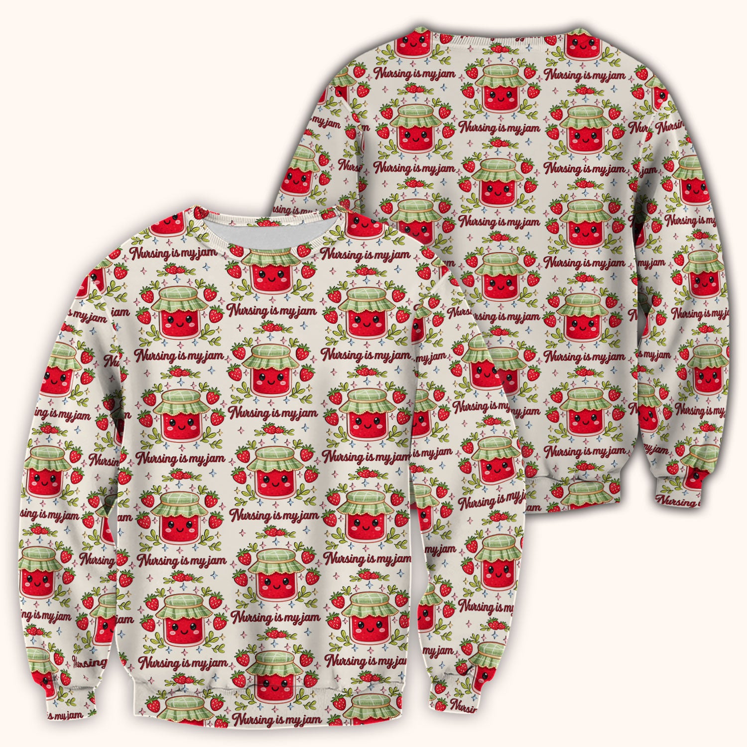 Cute Strawberry Jam Nurse Pattern Scrub Top, Breathable Fabrics Nursing Uniform