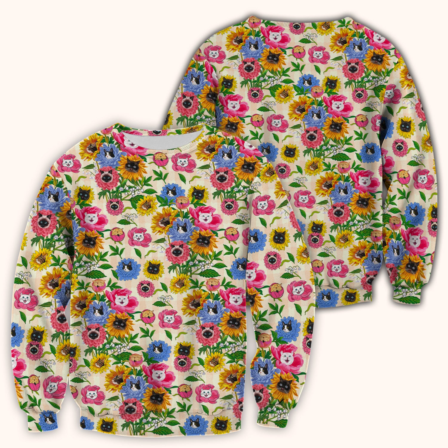 Cat Face Hidden In Colorful Flower Garden Scrub Top, Breathable Fabrics Nursing Uniform