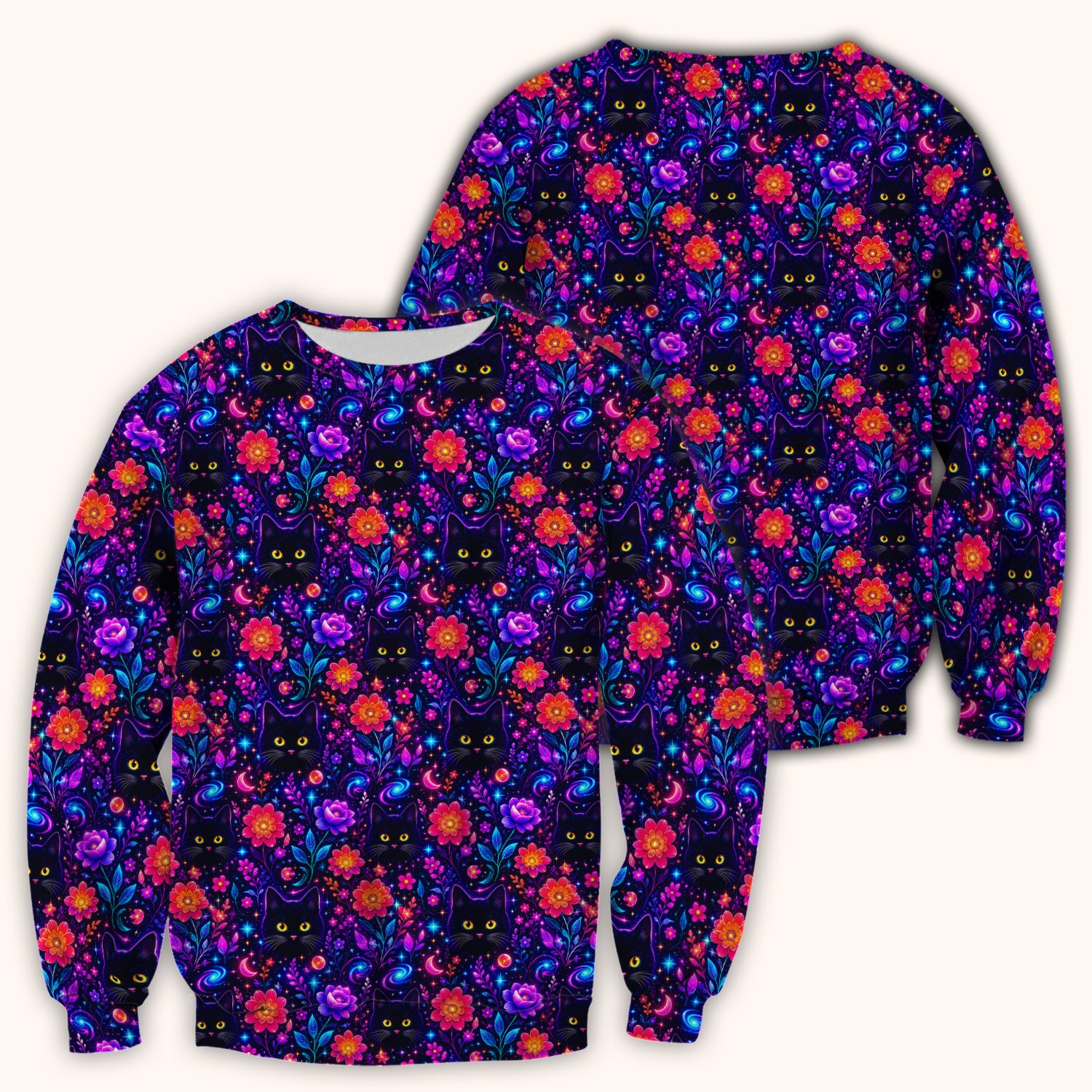 Galaxy Black Cat Floral Pattern Scrub Top, Comfortable Scrubs for Nurses