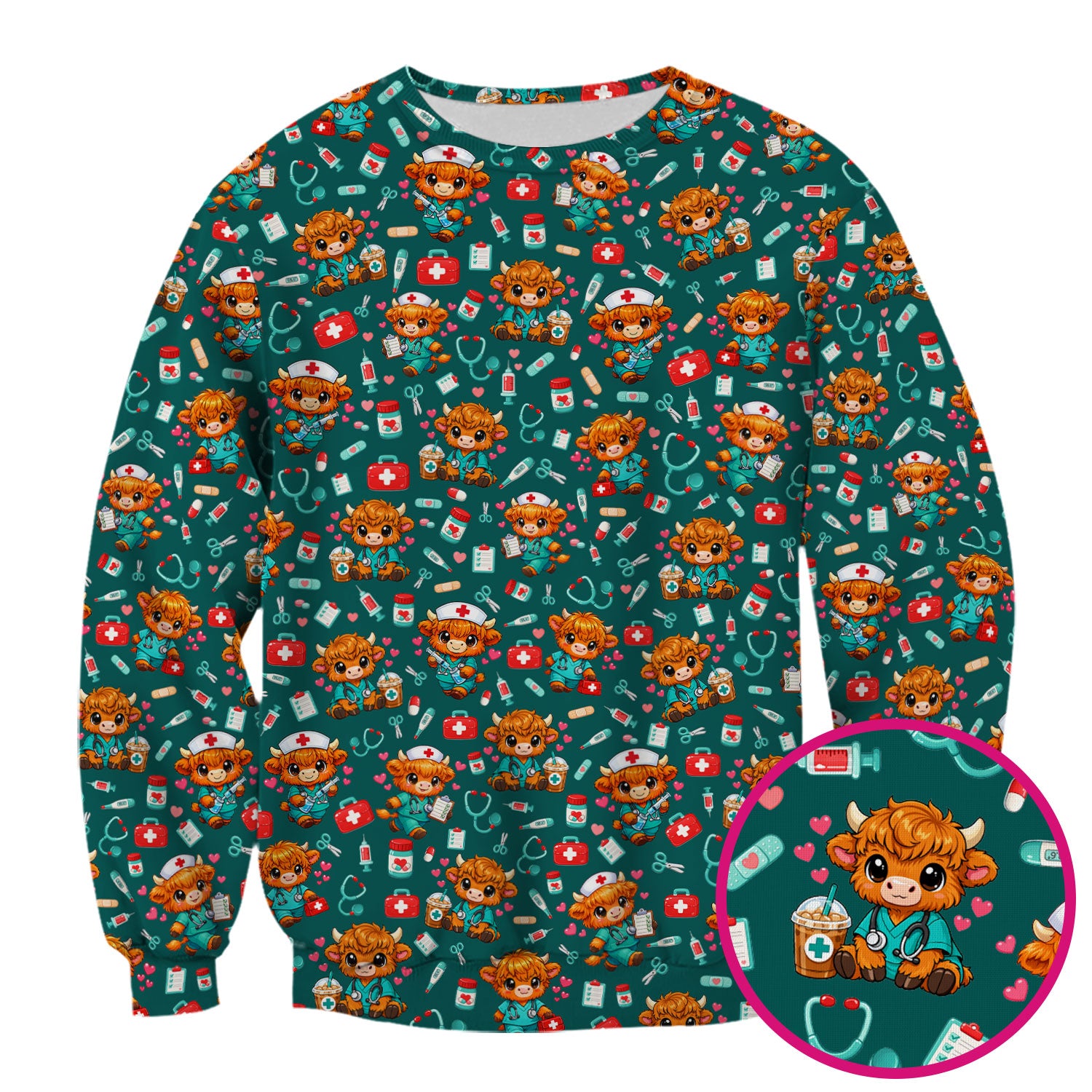 Cute Highland Cow Nurse Scrub Top, Kawaii Medical Pattern Shirt, Breathable Fabrics Nursing Uniform