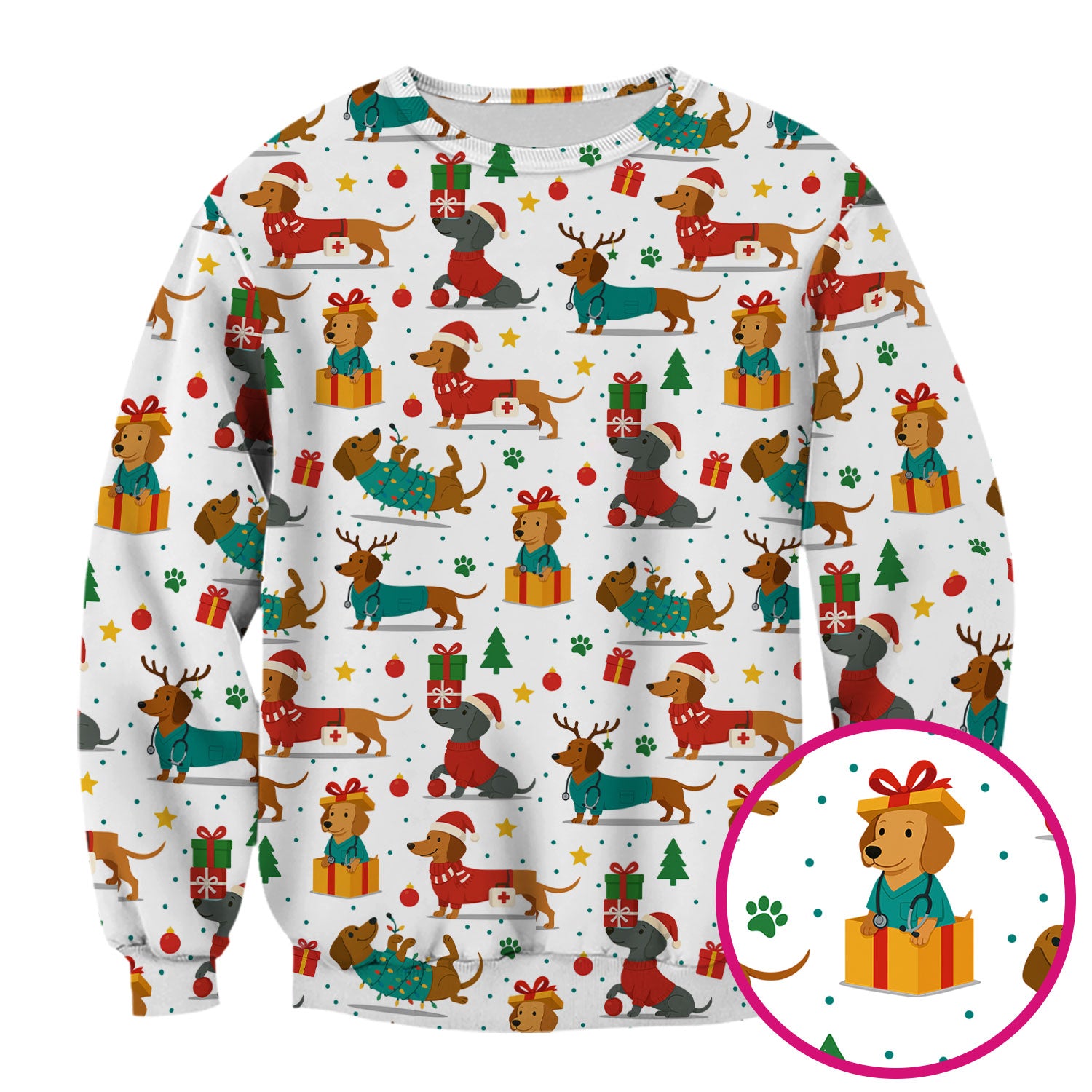 Dachshund Scrub Top Christmas - Cute Dog Nurse Shirt - Holiday Medical Scrubs Gift for Women CNA RN Doctor