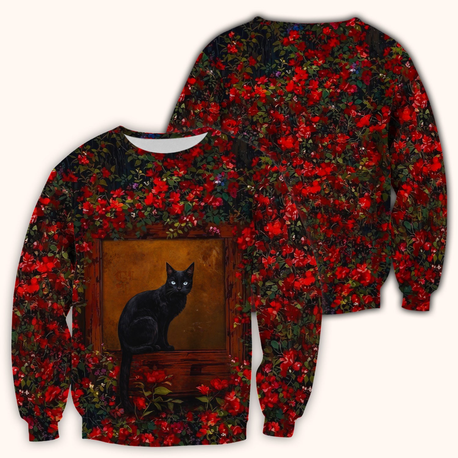 Black Cat Sitting By Red Floral Garden Window Scrub Top, Comfortable Scrubs for Nurses