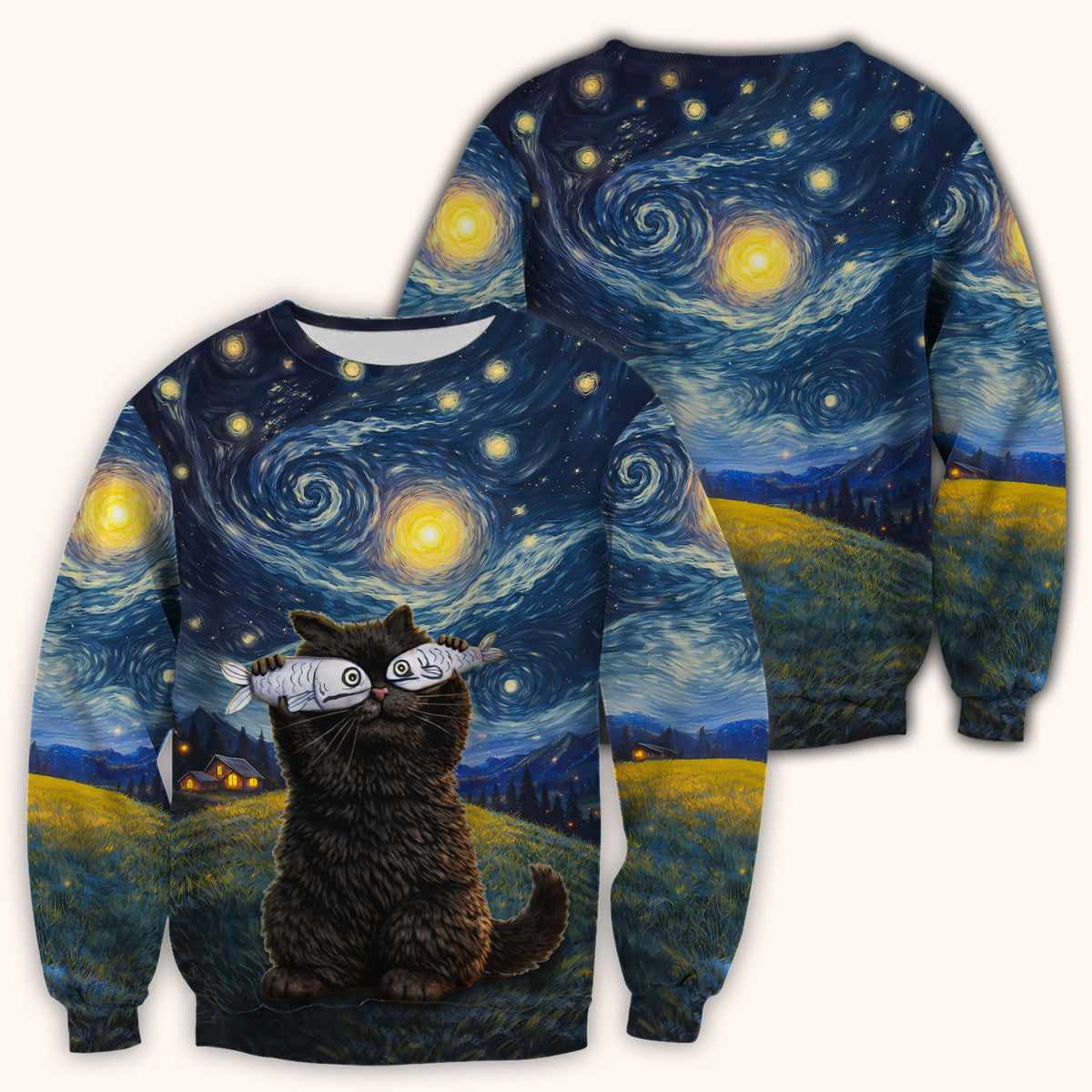 „Starry Night“-Katzen-Print V-Ausschnitt-Kasack, für katzenliebende Pflegekräfte