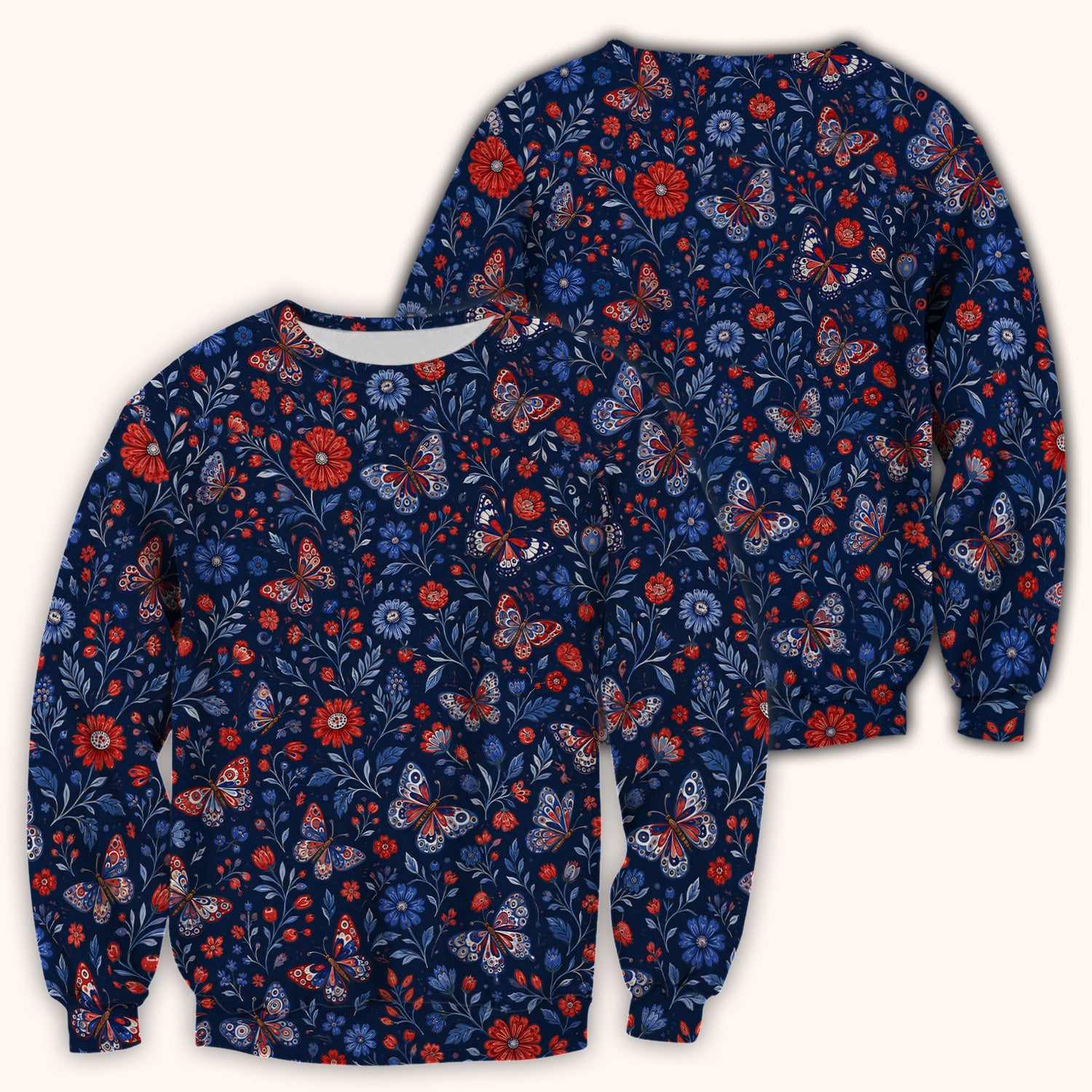Patriotic Floral Butterfly Pattern Scrub Top, Comfortable Scrubs for Nurses