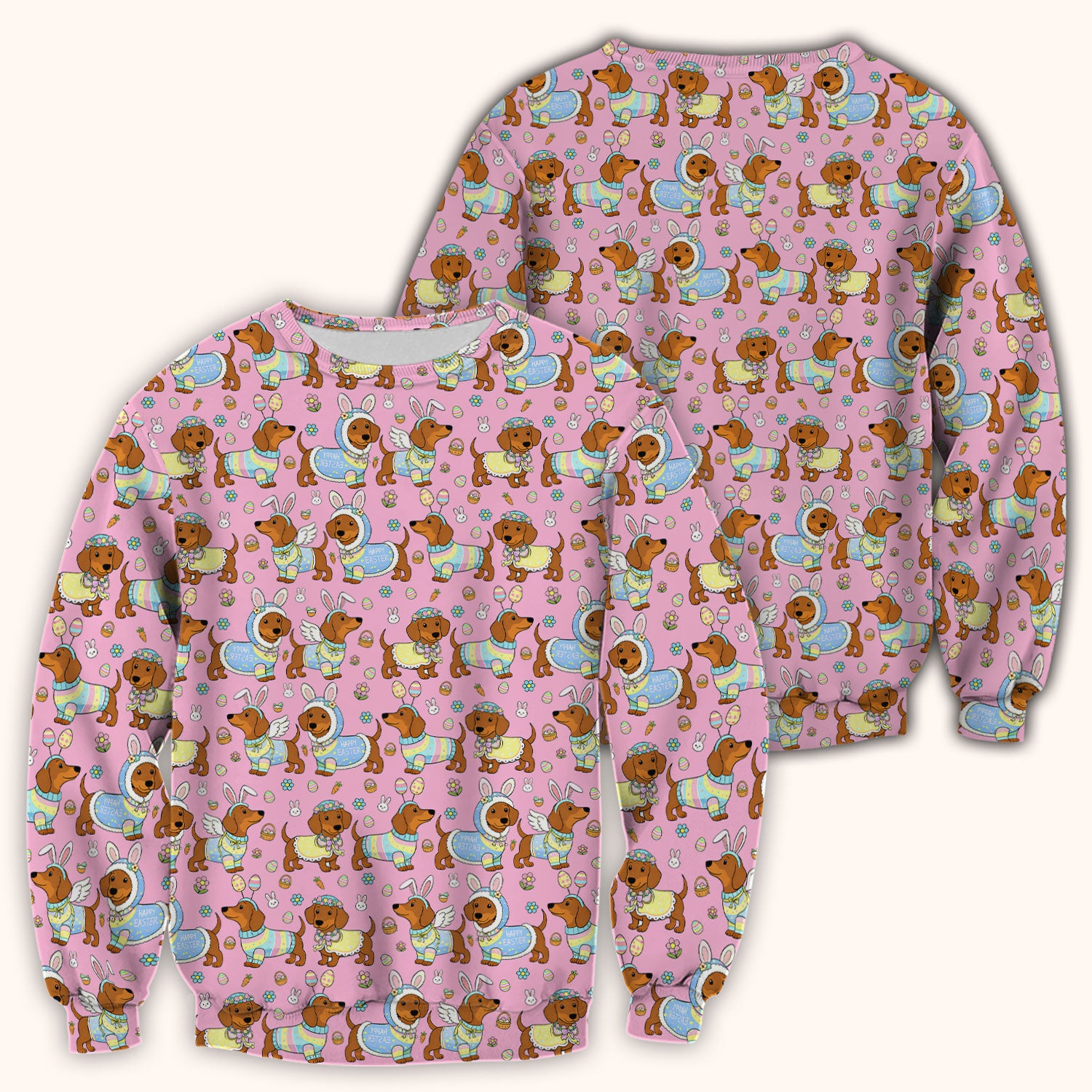 Easter Dachshund Bunny Print Scrub Top, Breathable Fabrics Nursing Uniform