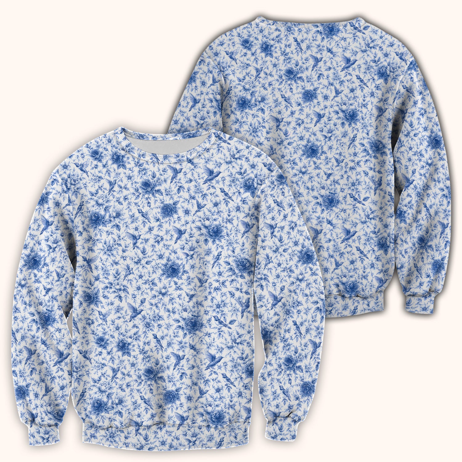 Blue Floral Hummingbird Toile Pattern Scrub Top, Comfortable Scrubs for Nurses