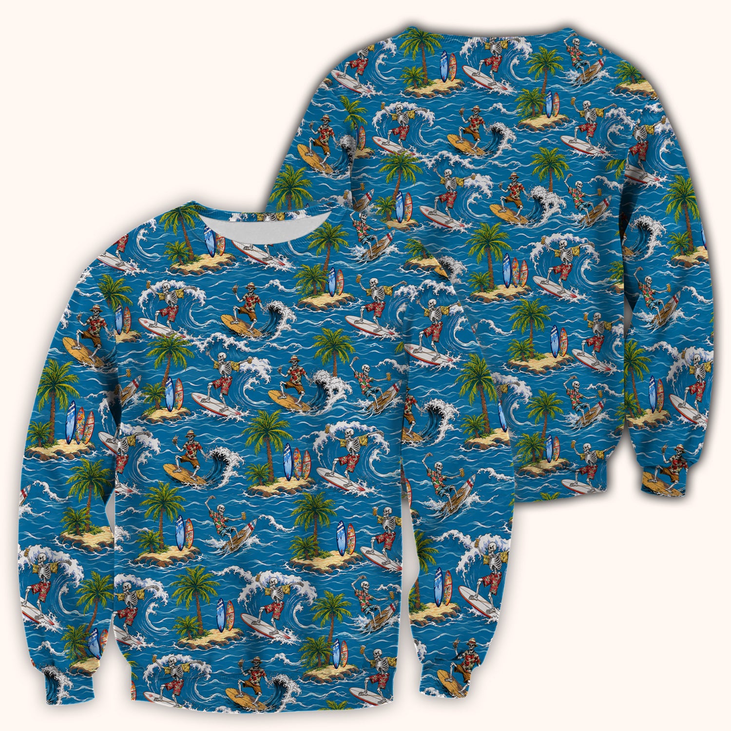 Spooky Tropical Skeleton Surfer Pattern Scrub Top, Comfortable Scrubs for Nurses