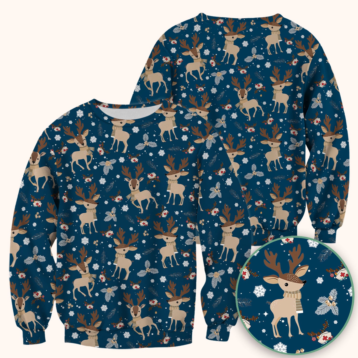 Reindeer Christmas Scrub Top - Cozy Beige Holiday Nurse Shirt with Cute Deer Pattern - Festive Medical Scrubs for Women RN CNA LPN