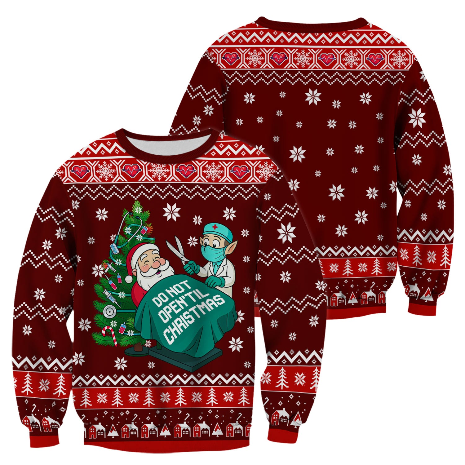 Funny Scrub Top for Women - Do Not Open Til Christmas Santa and Elf - Holiday Medical Uniform Gift for RN LPN CNA