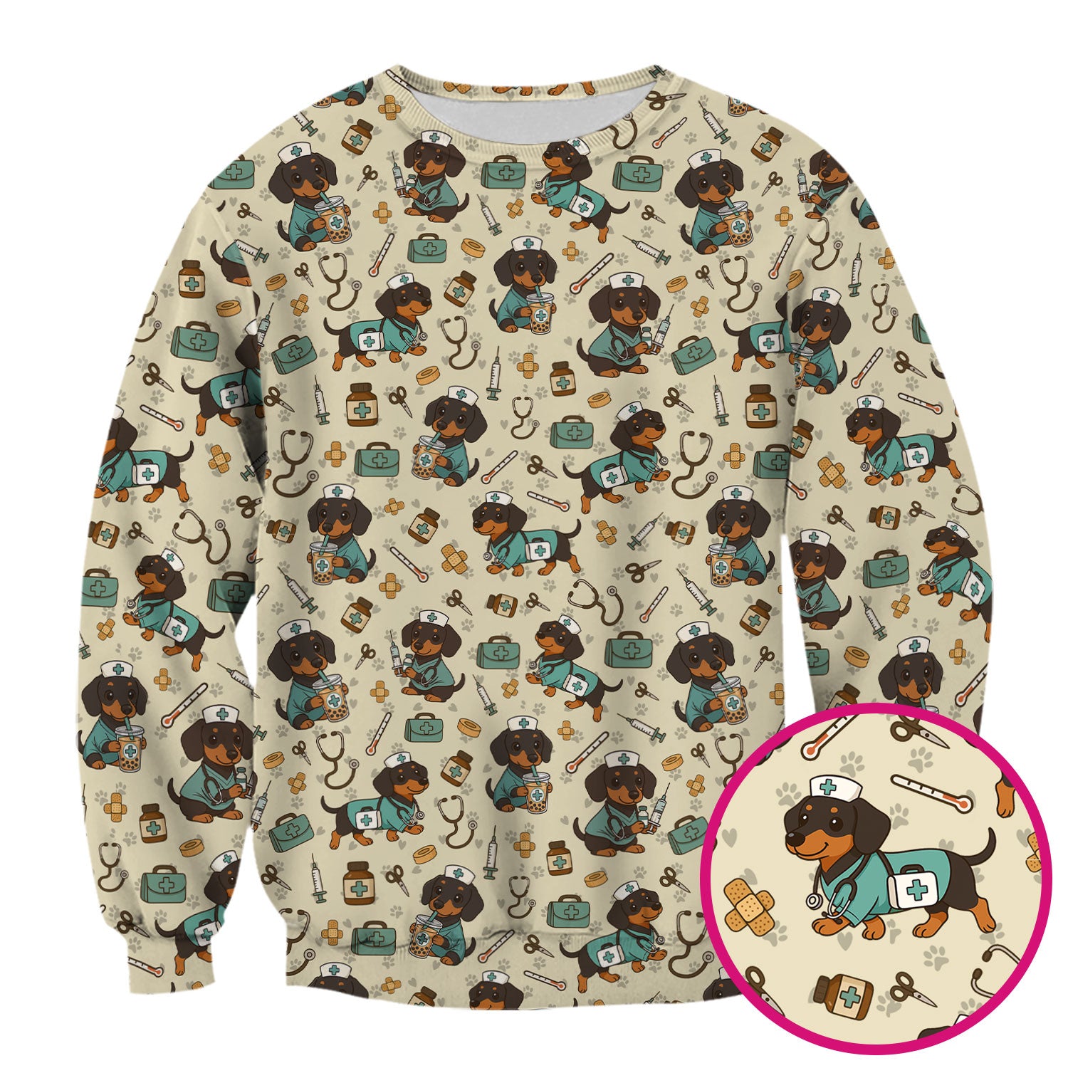 Funny Dachshund Nurse Scrubs - Cute Dog Print Medical Shirt - Holiday Nurse Scrub Top Gift for RN CNA Doctor, Women & Men