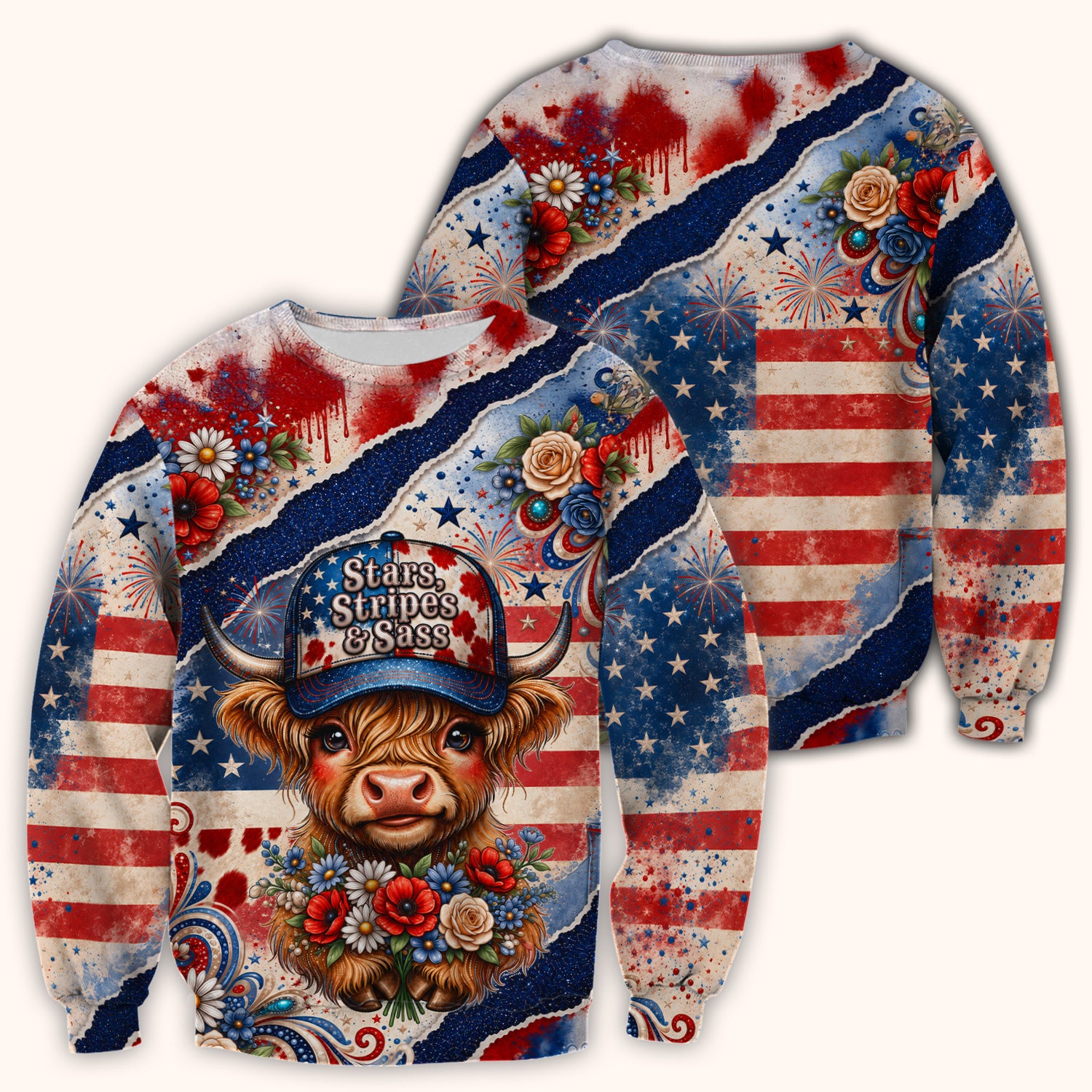 Patriotic Highland Cow Pattern, Healthcare Workers Scrub Top, Comfortable Scrubs for Nurses