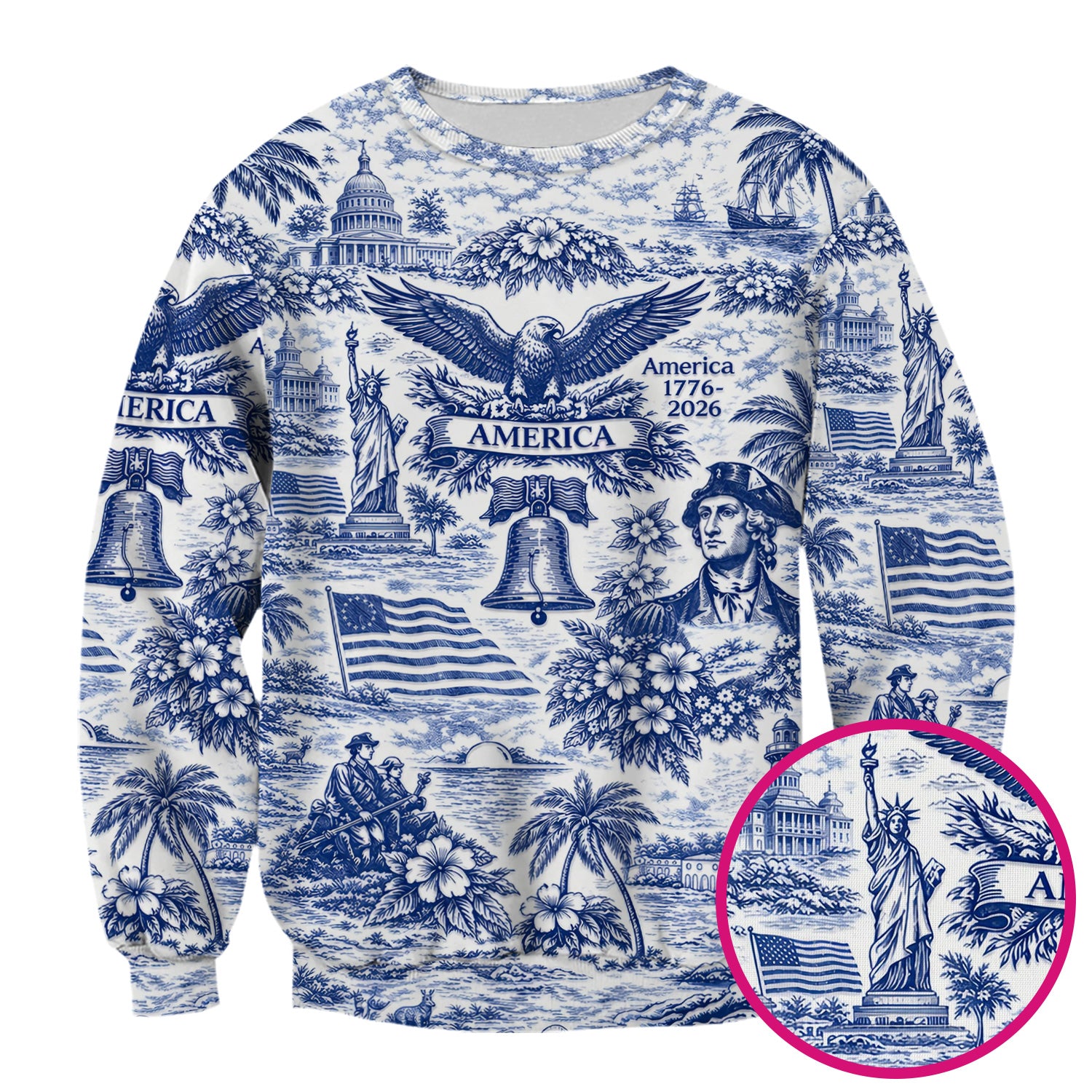 Patriotic America Heritage Toile Pattern Scrub Top, Breathable Fabrics Nursing Uniform