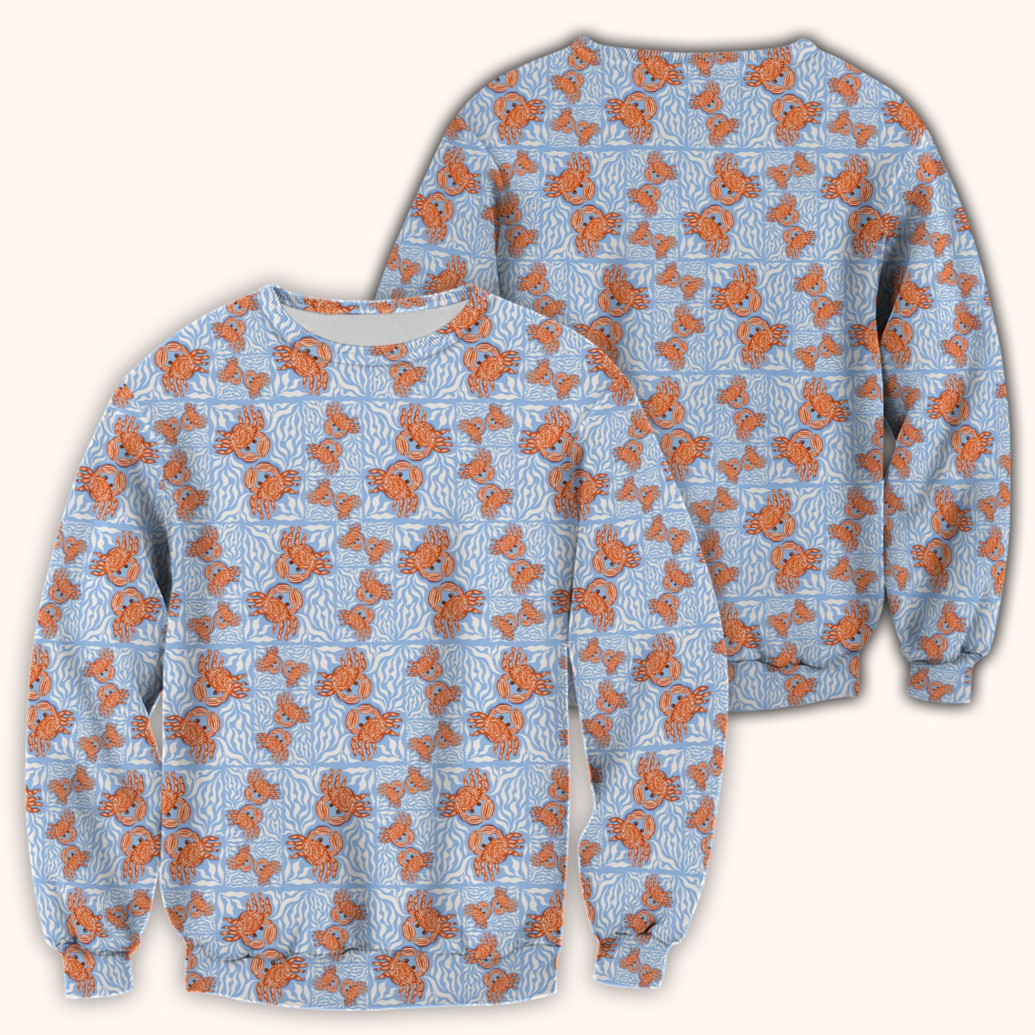 Cute Coastal Crab Print Scrub Top, Breathable Fabrics Nursing Uniform