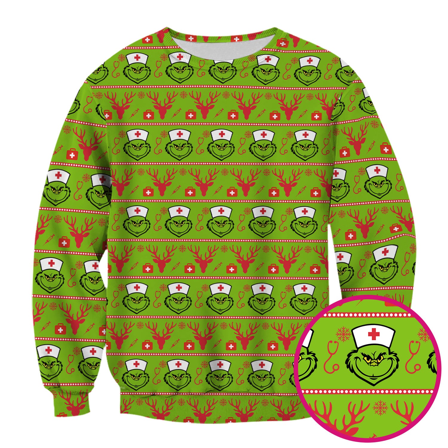 Funny Grinch Nurse Scrubs Top - Ugly Christmas Sweater Style Scrub Shirt - Holiday Nursing Workwear for Women