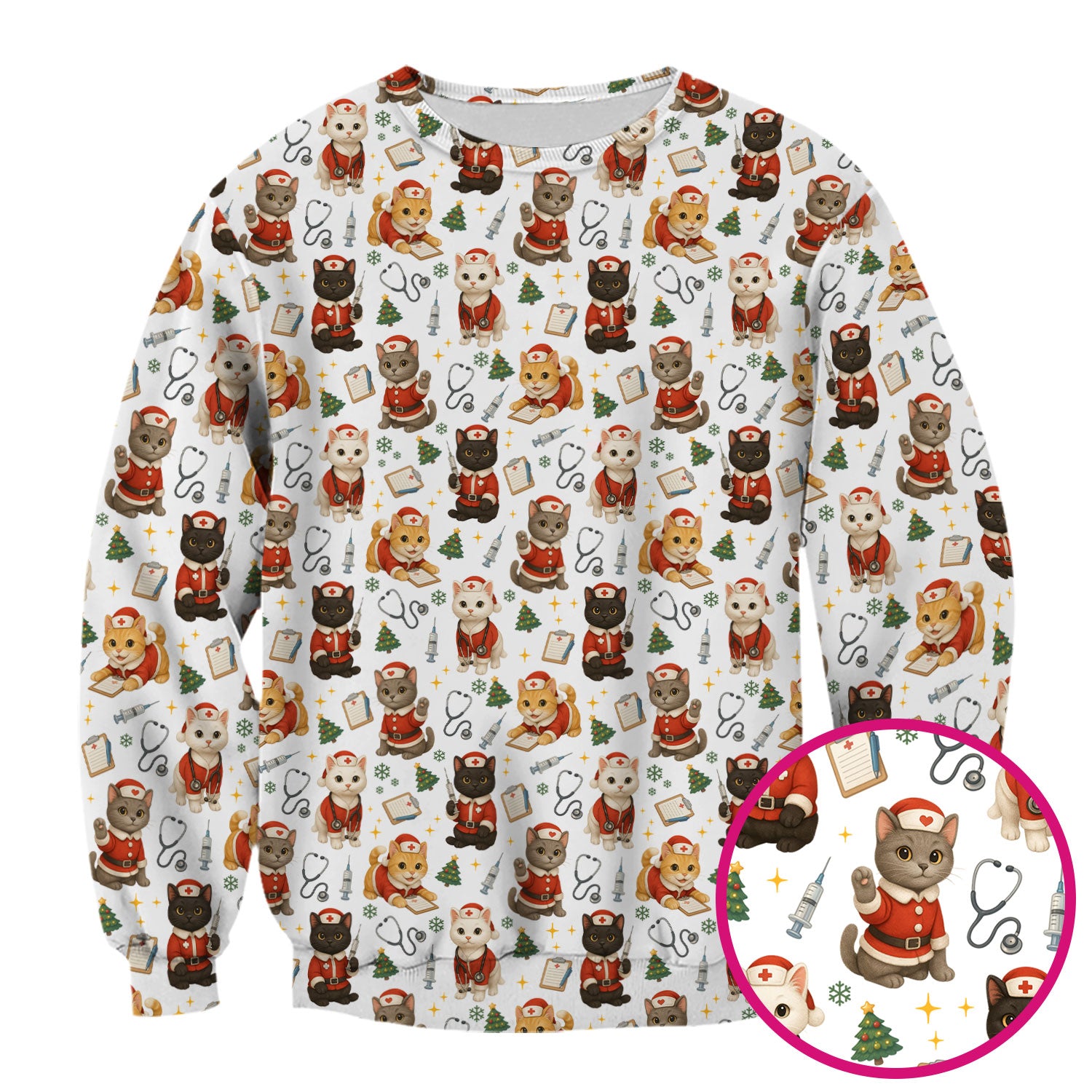 Funny Nurse Scrub Top for Women - Christmas Lucky Cat Design - Cute Holiday Nursing Shirt Gift for RN LPN CNA