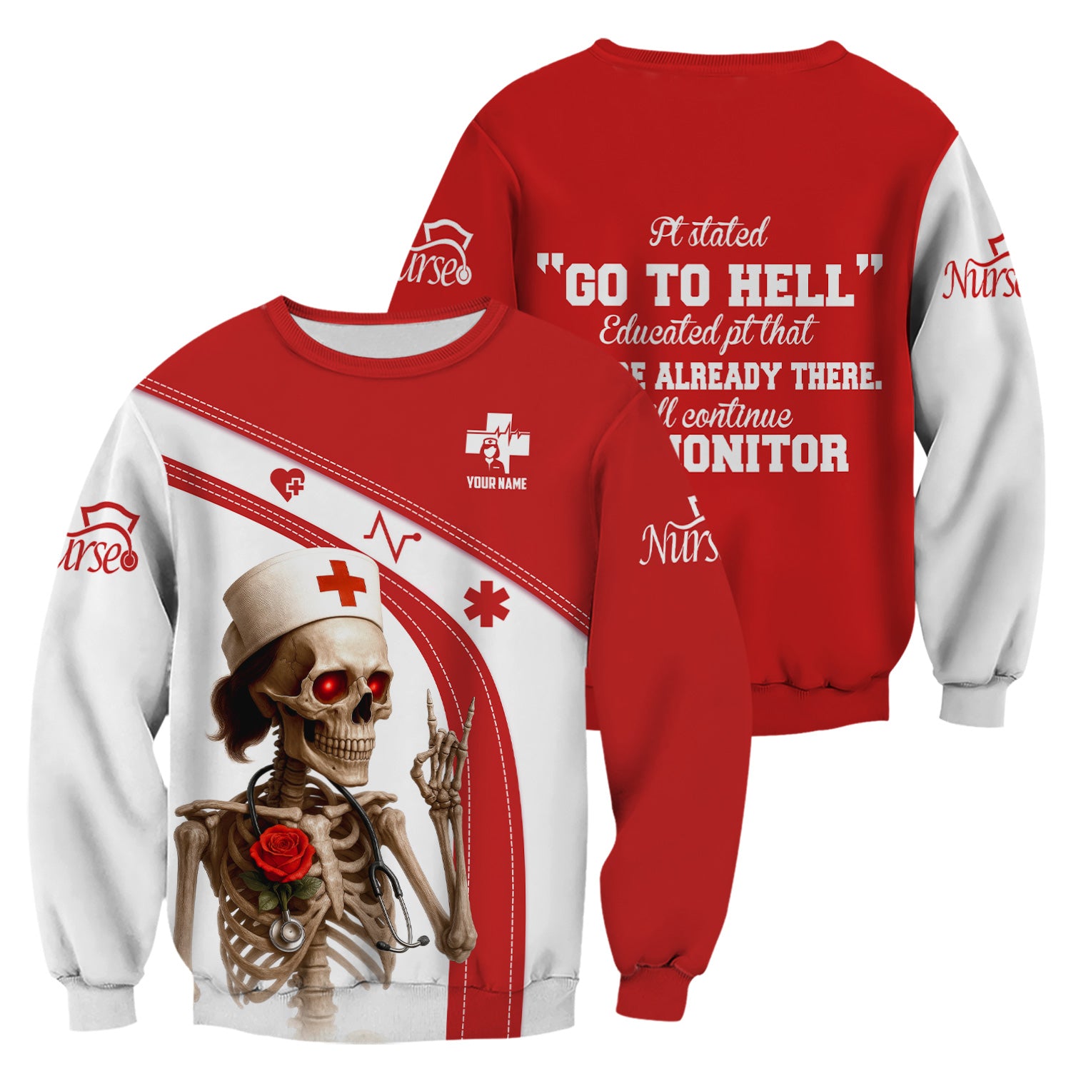 Funny Skeleton Nurse Shirt Personalized with Name - Dark Humor Gift for RN CNA LPN - Red White Scrubs Quote Tee for Healthcare Workers - Healthcare Dark Humor Tee