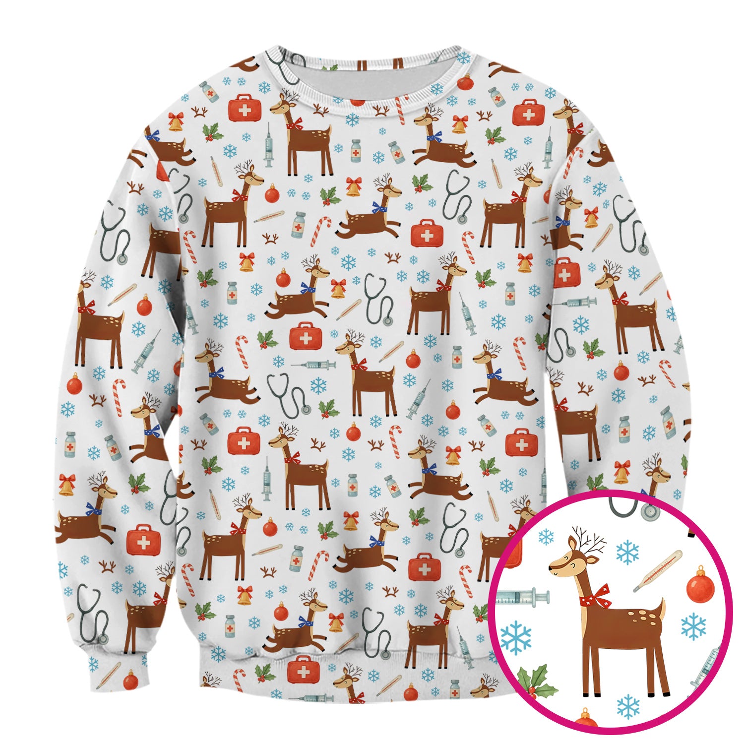 Christmas Reindeer Scrub Top for Nurses - Cute Reindeers Snowflakes Candy Canes Shirt - Comfortable Med Uniform
