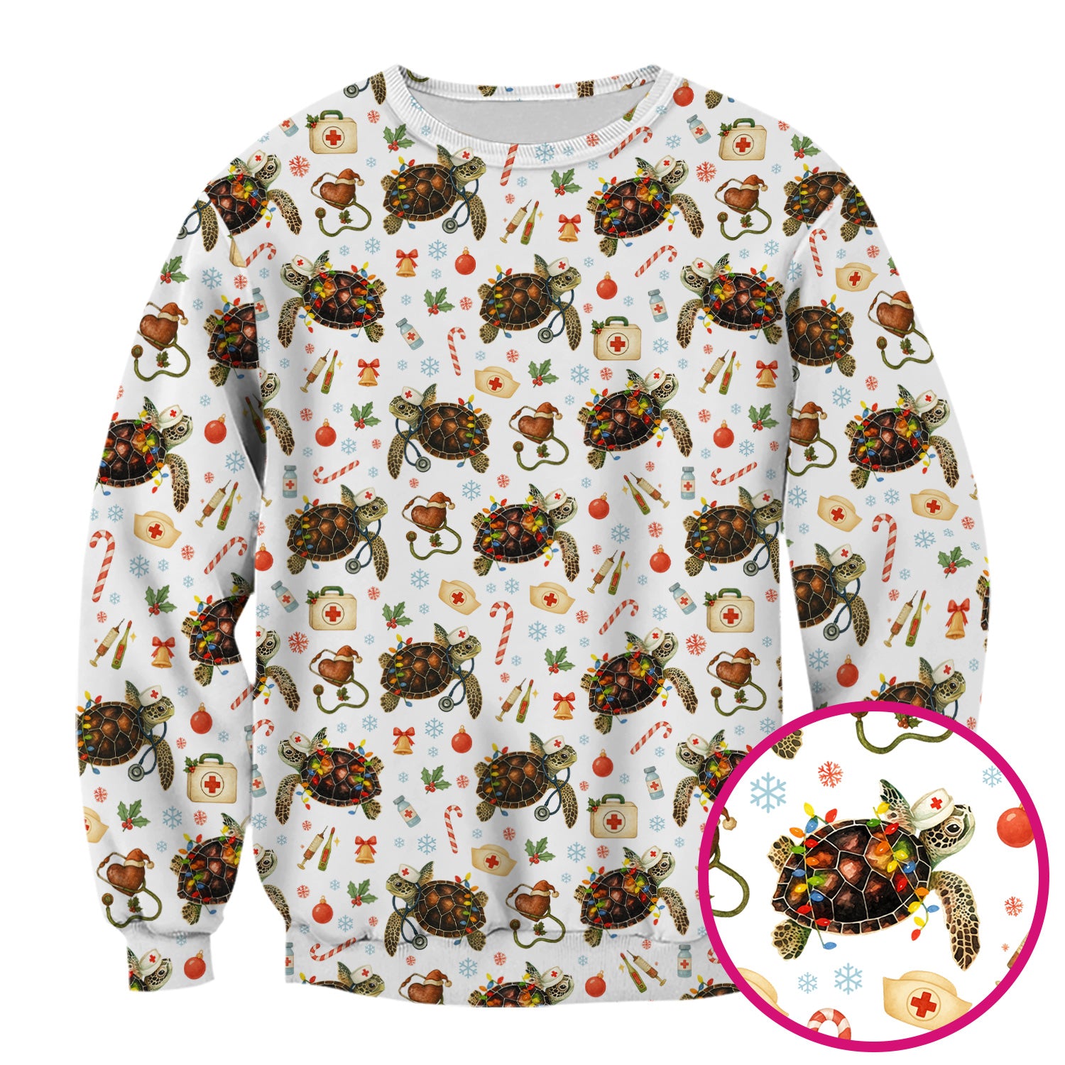 Funny Christmas Scrub Top - Sea Turtle with Xmas Lights Shirt - Holiday Nurse Scrubs for Women
