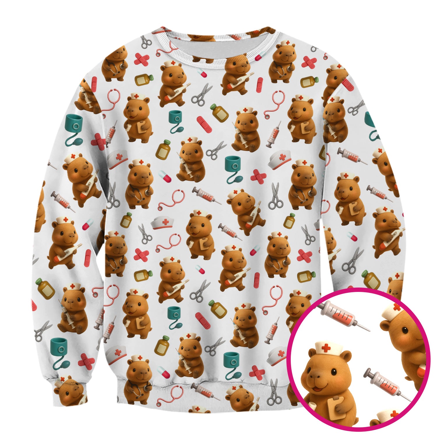 Funny Bear Scrub Top for Women - Nurse Hat and Syringe Pattern Medical Scrubs - Cute Teddy Nurse Shirt Gift for RN CNA LPN