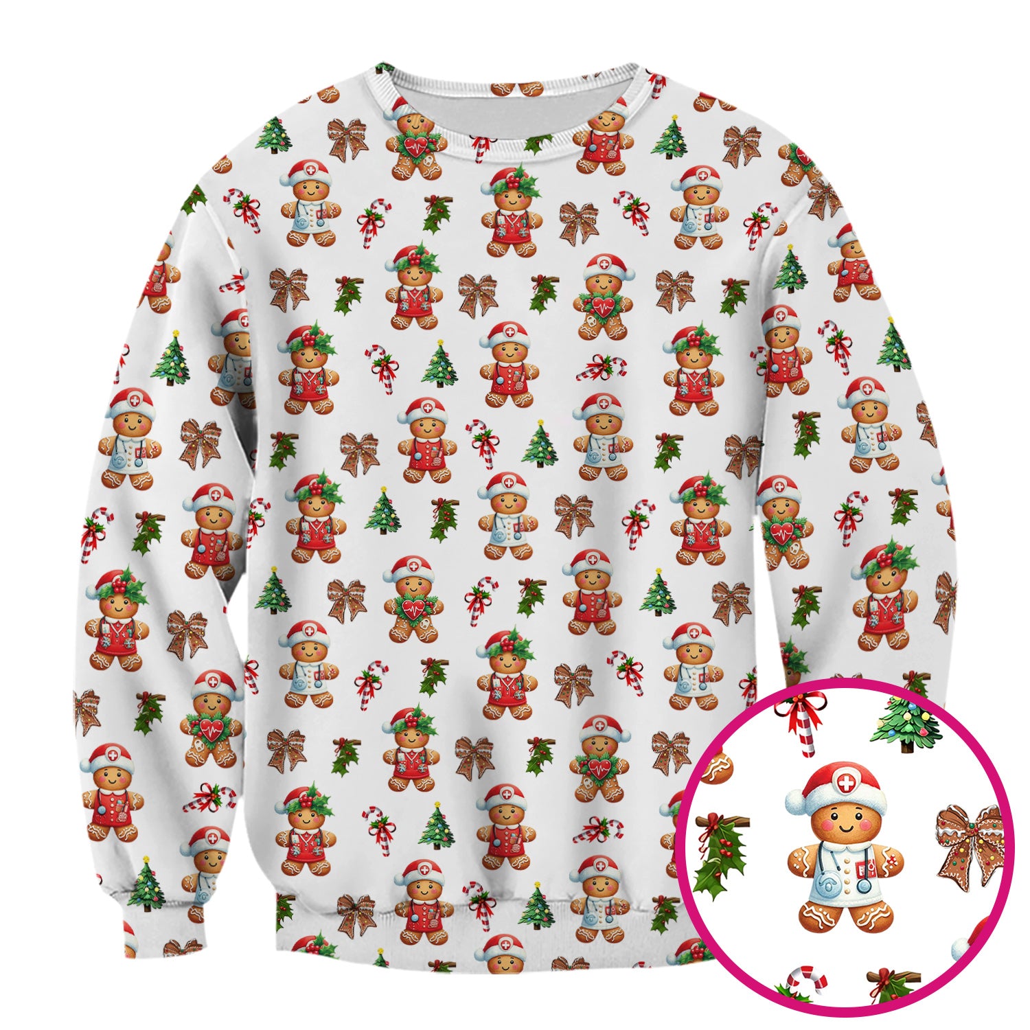 Funny Christmas Scrub Top for Nurse - Adorable Gingerbread Candy Cane Bow- Festive Medical Uniform for Women