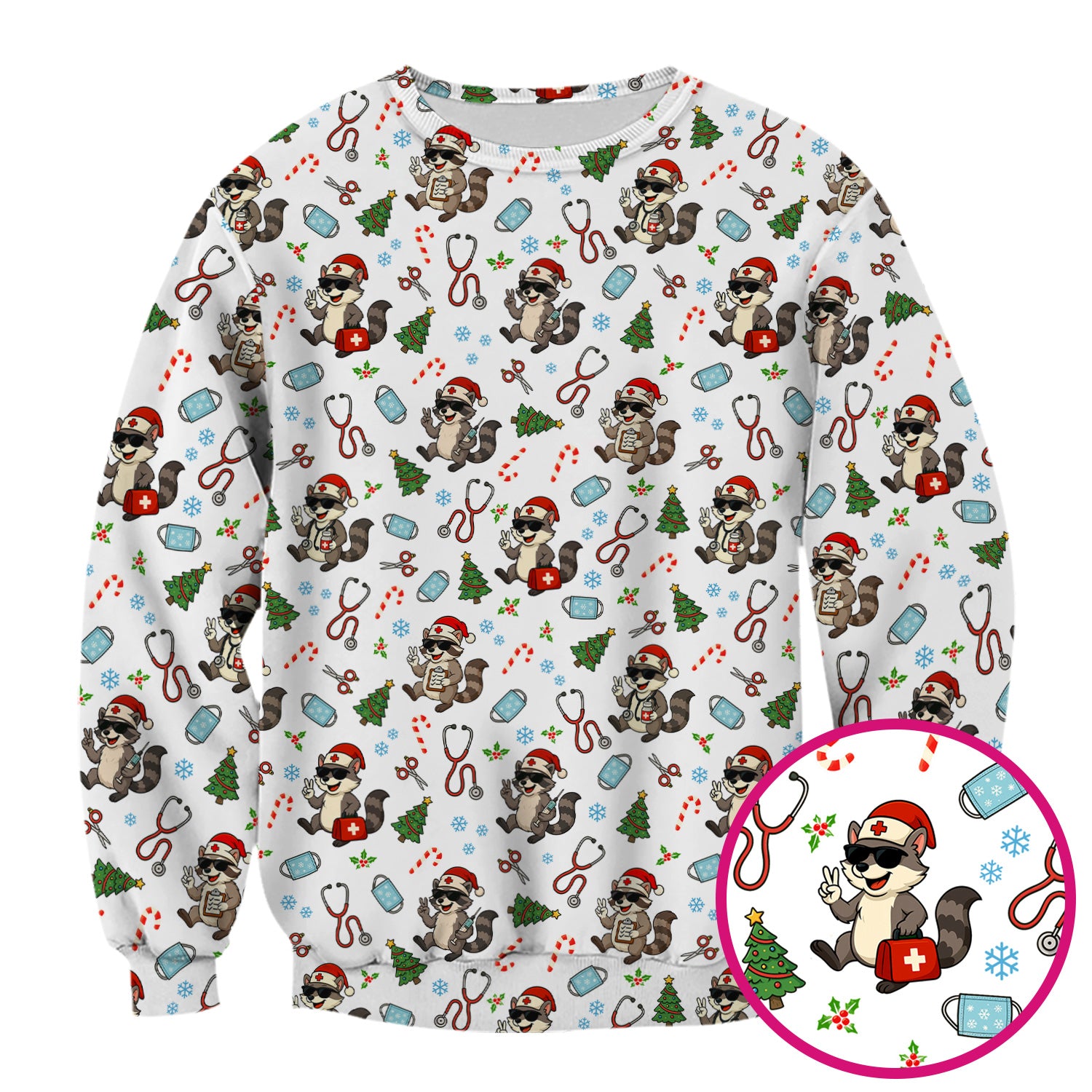 Cute Raccoon Christmas Scrub Top - Santa Hat and Stethoscope Pattern Nurse Scrubs - Funny Holiday Medical Shirt Gift for RN CNA LPN