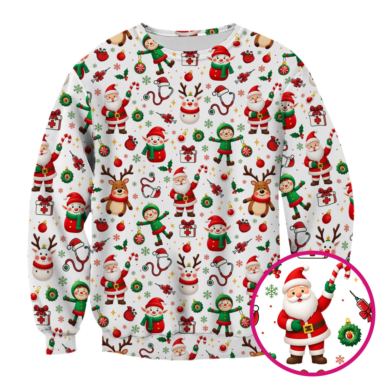 Santa Christmas Scrub Top - Cute Holiday Nurse Medical Shirt - Festive Reindeer Med Uniform for Women RN CNA LPN